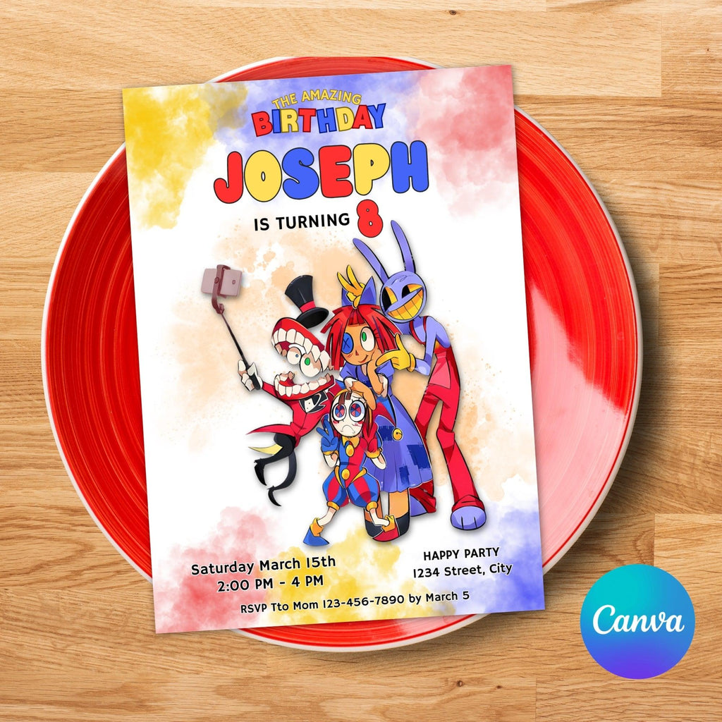 Amazing Digital Circus Watercolor Editable Digital Invitation | Canva Template