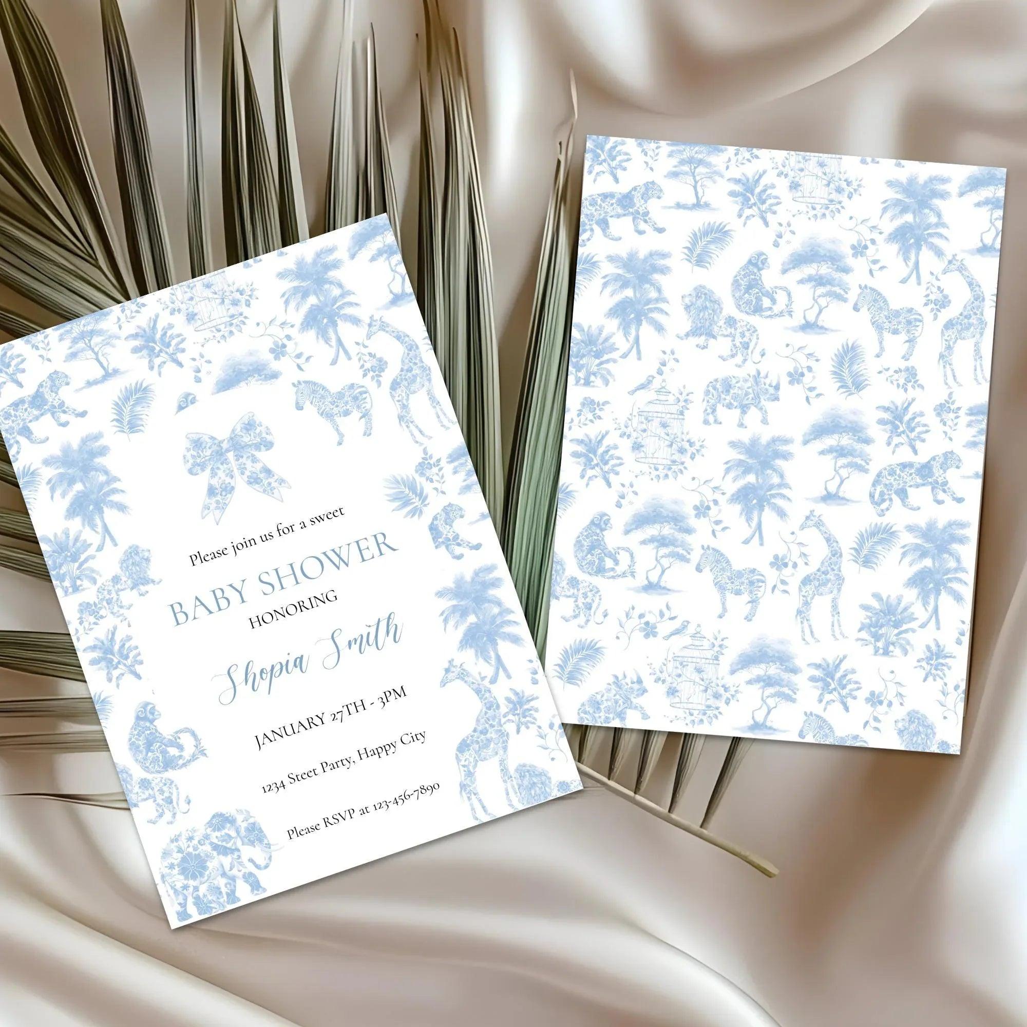 Safari Toile Baby Shower Invitation | Blue Jungle Editable Template | Corjl Digital Download for Boy Baby Shower - Lovely Printable Party