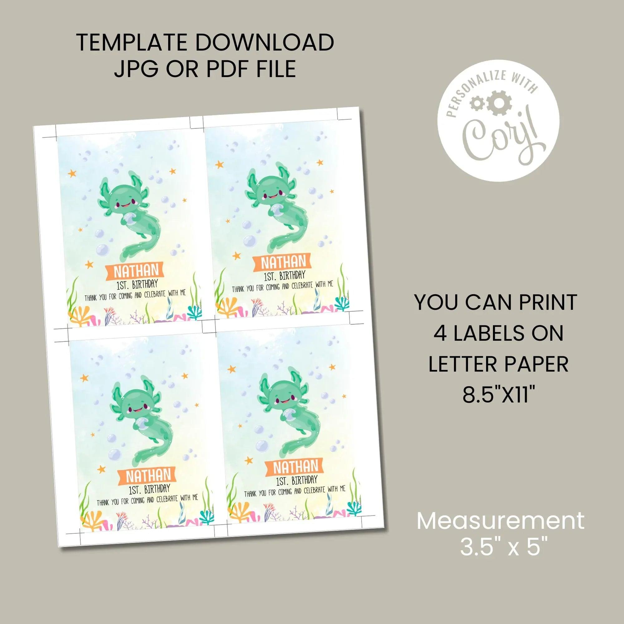 Axolotl Birthday Juice Pouch Labels | Editable Instant Download Corjl - Lovely Printable Party