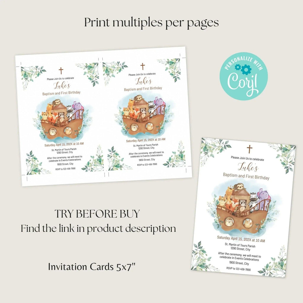 Noah's Ark Baptism & 1st Birthday Invitation Template – Editable Corjl Digital Download - Lovely Printable Party