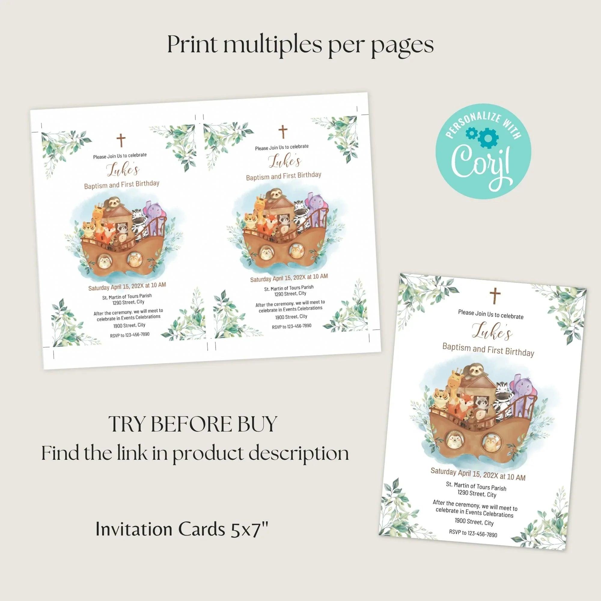 Noah's Ark Baptism & 1st Birthday Invitation Template – Editable Corjl Digital Download - Lovely Printable Party