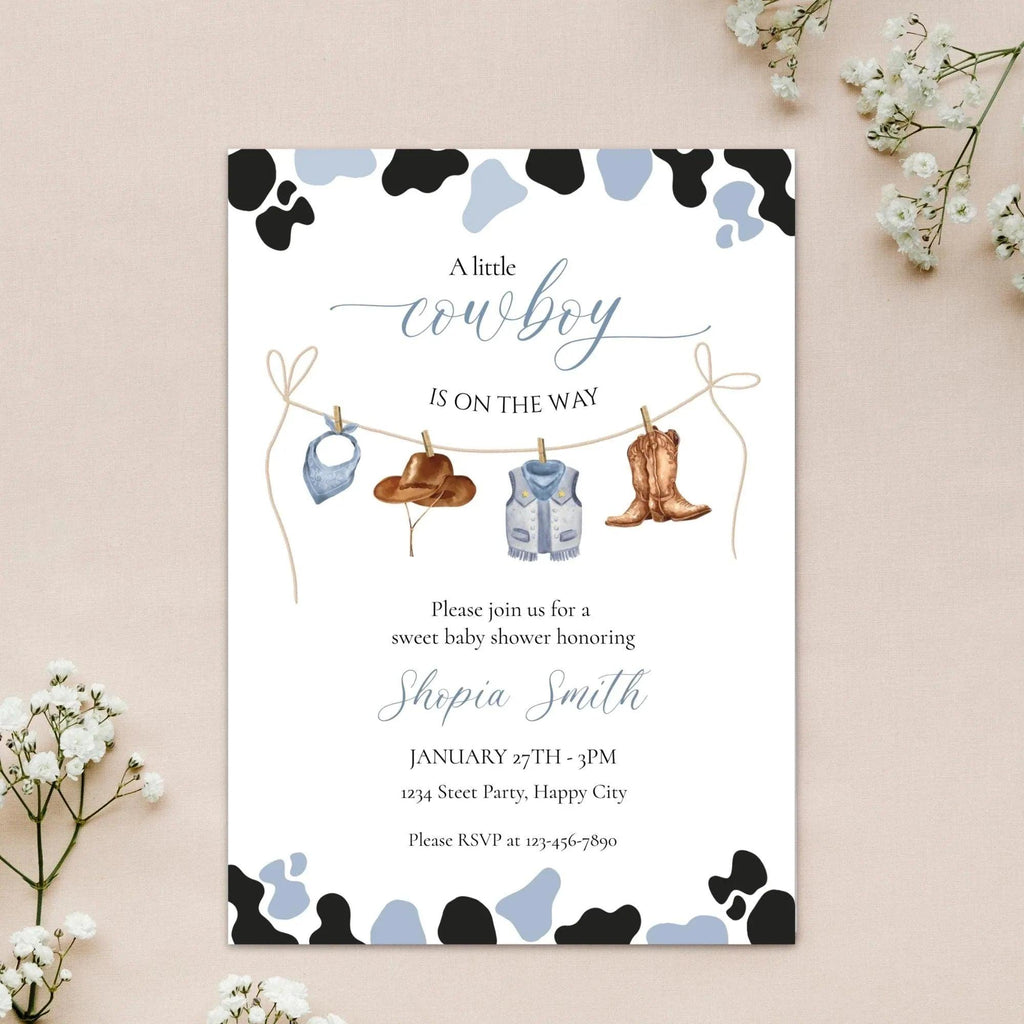 Little Cowboy Baby Shower Invitation – Editable via Corjl | Blue & Brown Western Cow Print | Digital Download - Lovely Printable Party