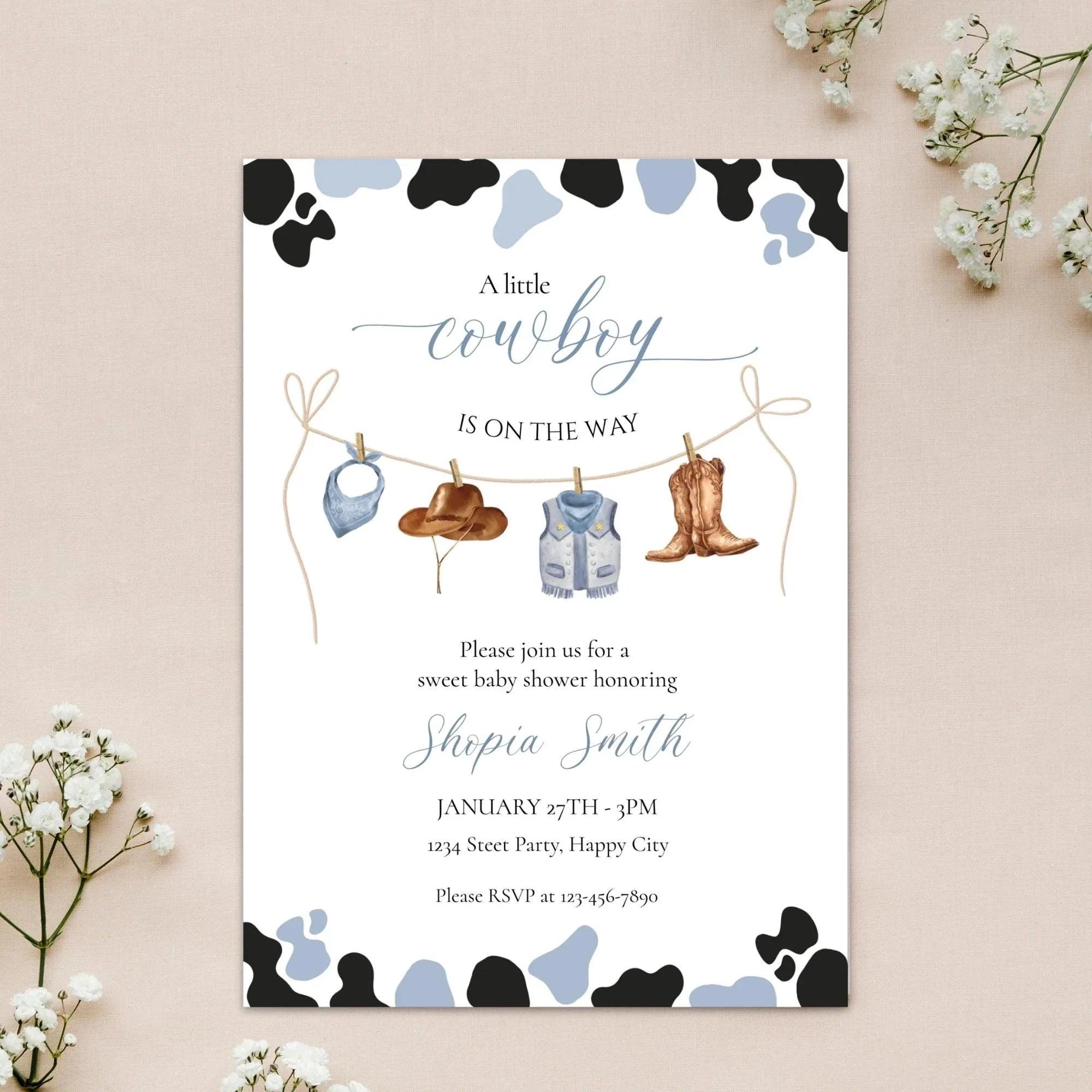 Little Cowboy Baby Shower Invitation – Editable via Corjl | Blue & Brown Western Cow Print | Digital Download - Lovely Printable Party