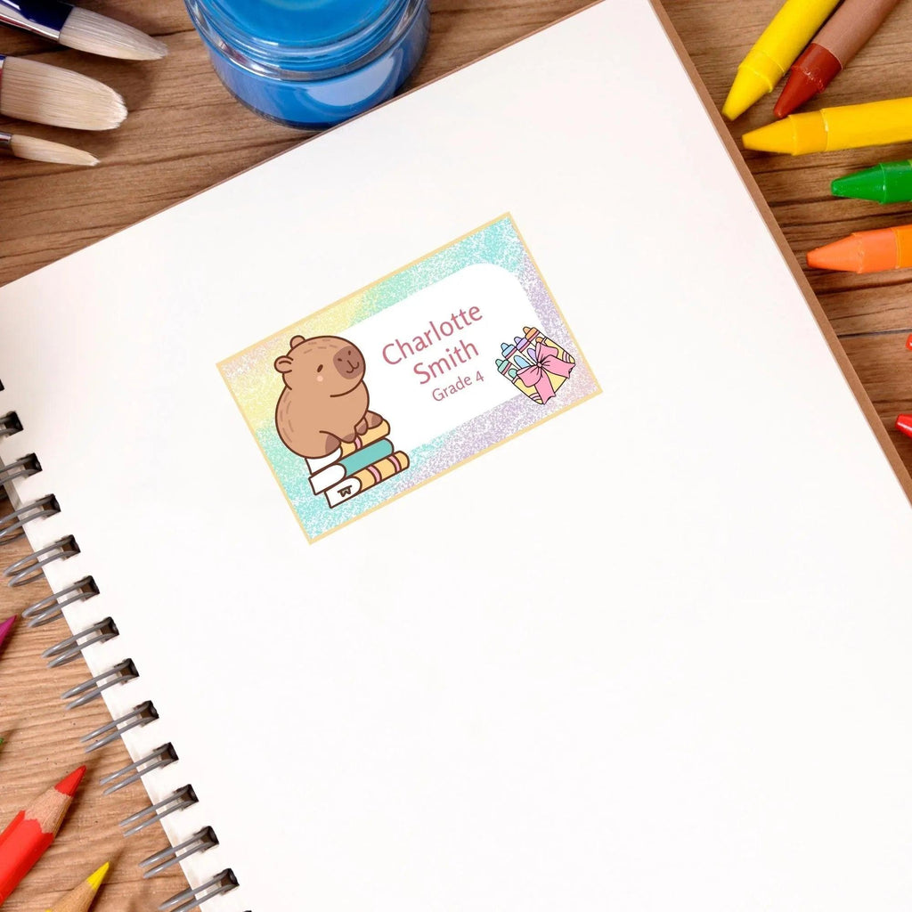 Kawaii Capybara School Name Labels – Cute Kawaii Capybara Sticker Set – Pastel Donut & Laptop Designs – Printable Name Tags for Kids - Lovely Printable Party