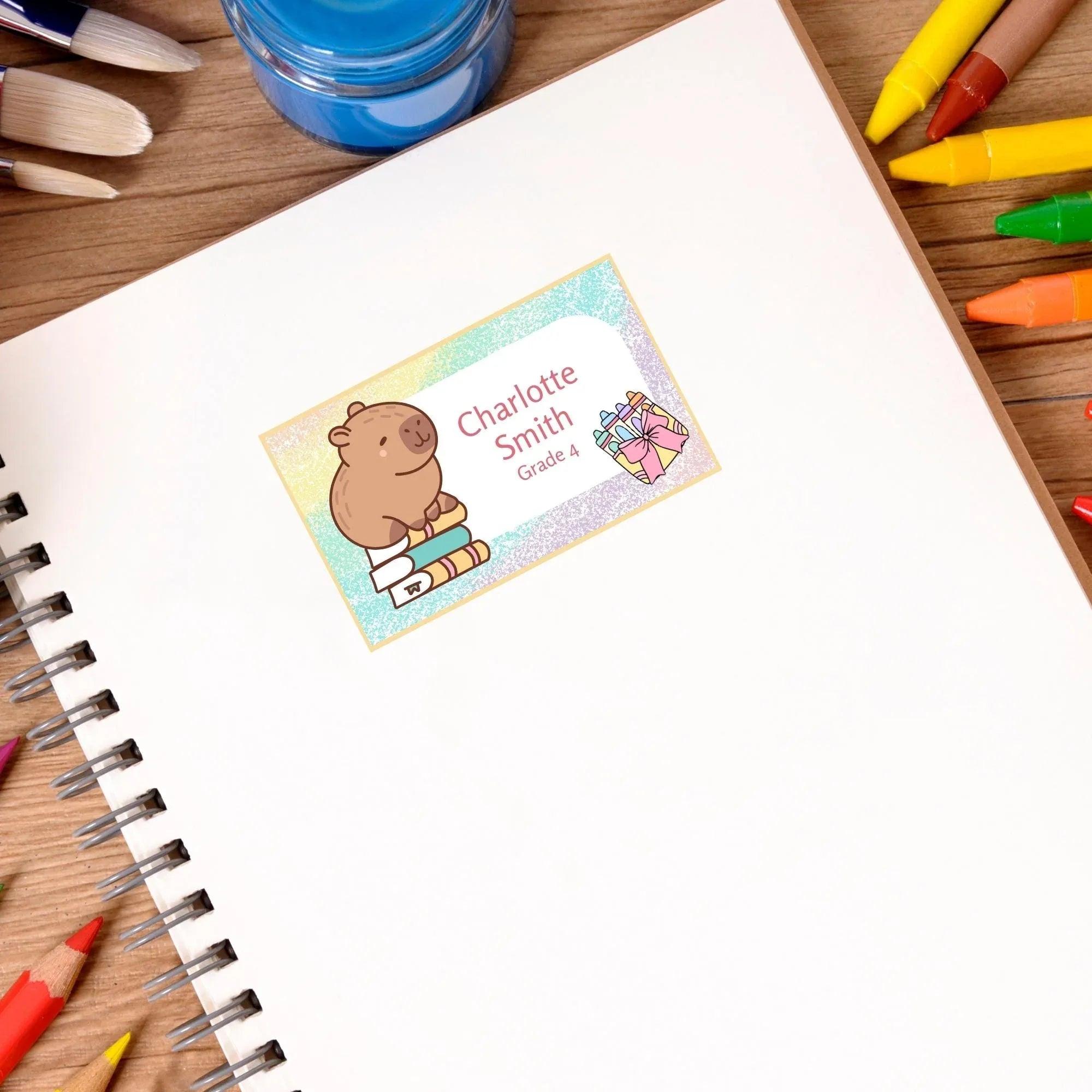 Kawaii Capybara School Name Labels – Cute Kawaii Capybara Sticker Set – Pastel Donut & Laptop Designs – Printable Name Tags for Kids - Lovely Printable Party