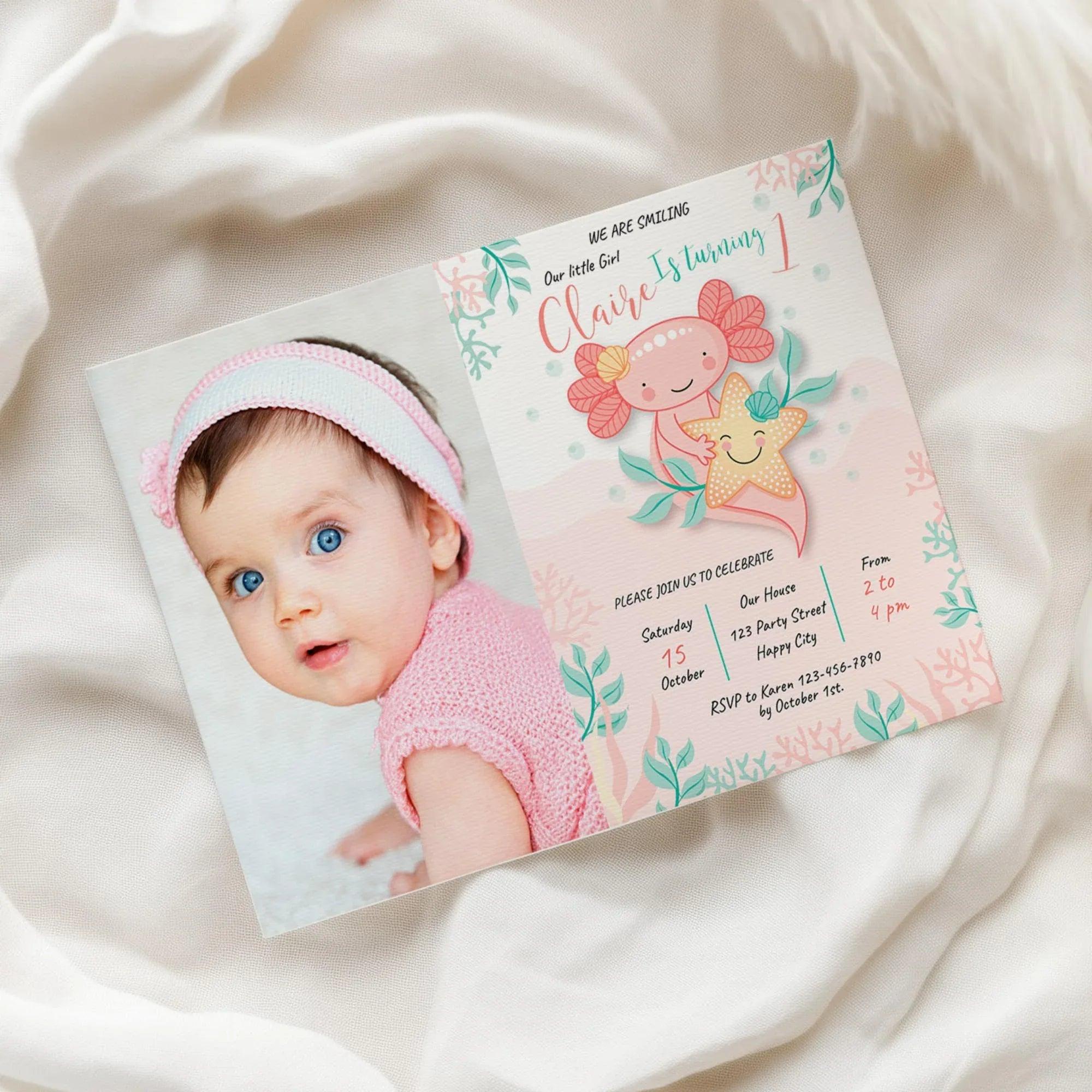 Axolotl Birthday Photo Invitation Instant Download Digital Template - Lovely Printable Party