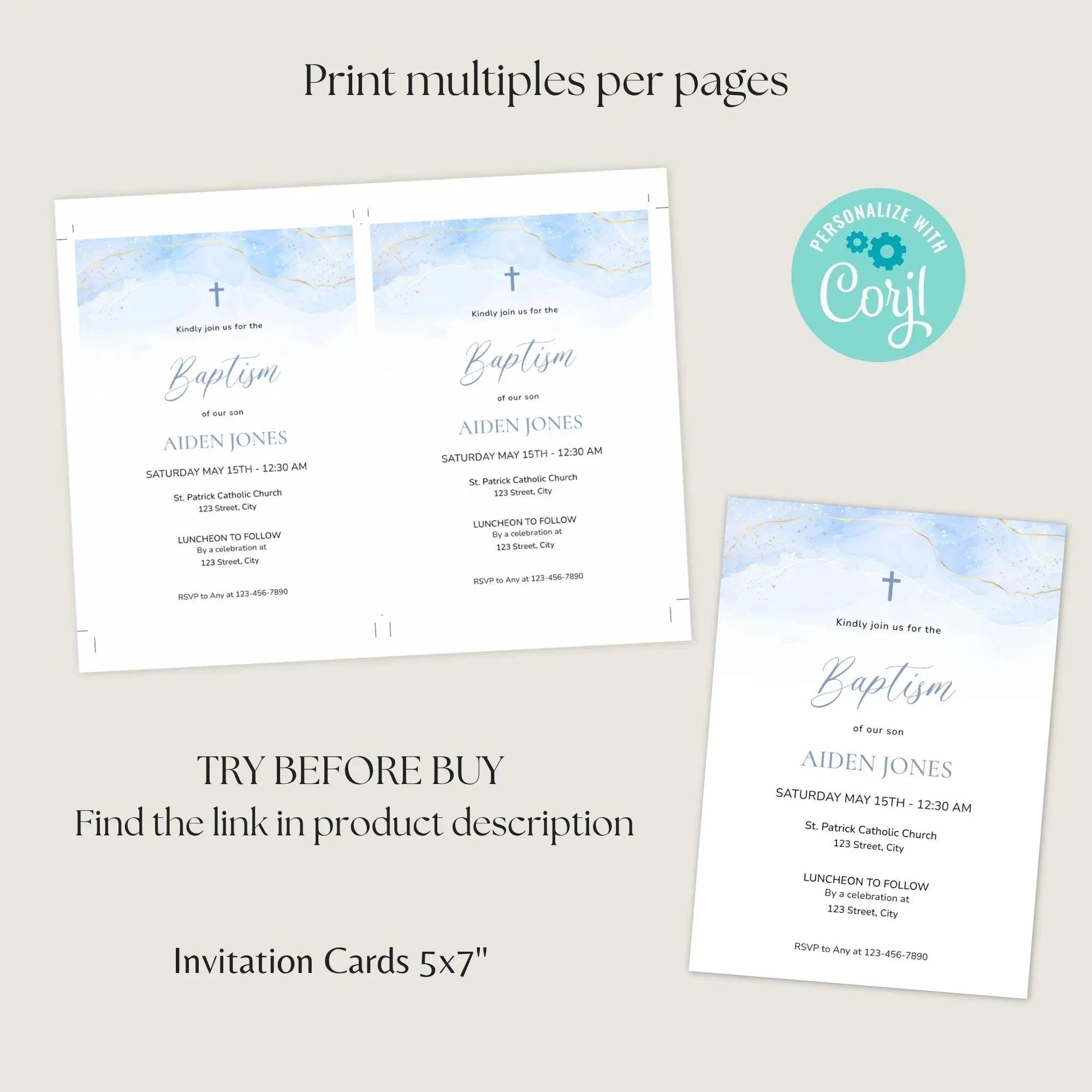 Blue Baptism Invitation Boy Editable Template – Digital Christening Card with Photo – Corjl Baby Boy Baptism Invite - Lovely Printable Party