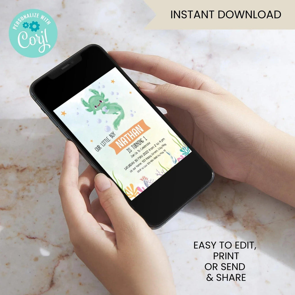 Axolotl Birthday Invitation Instant Download Digital Template - Lovely Printable Party
