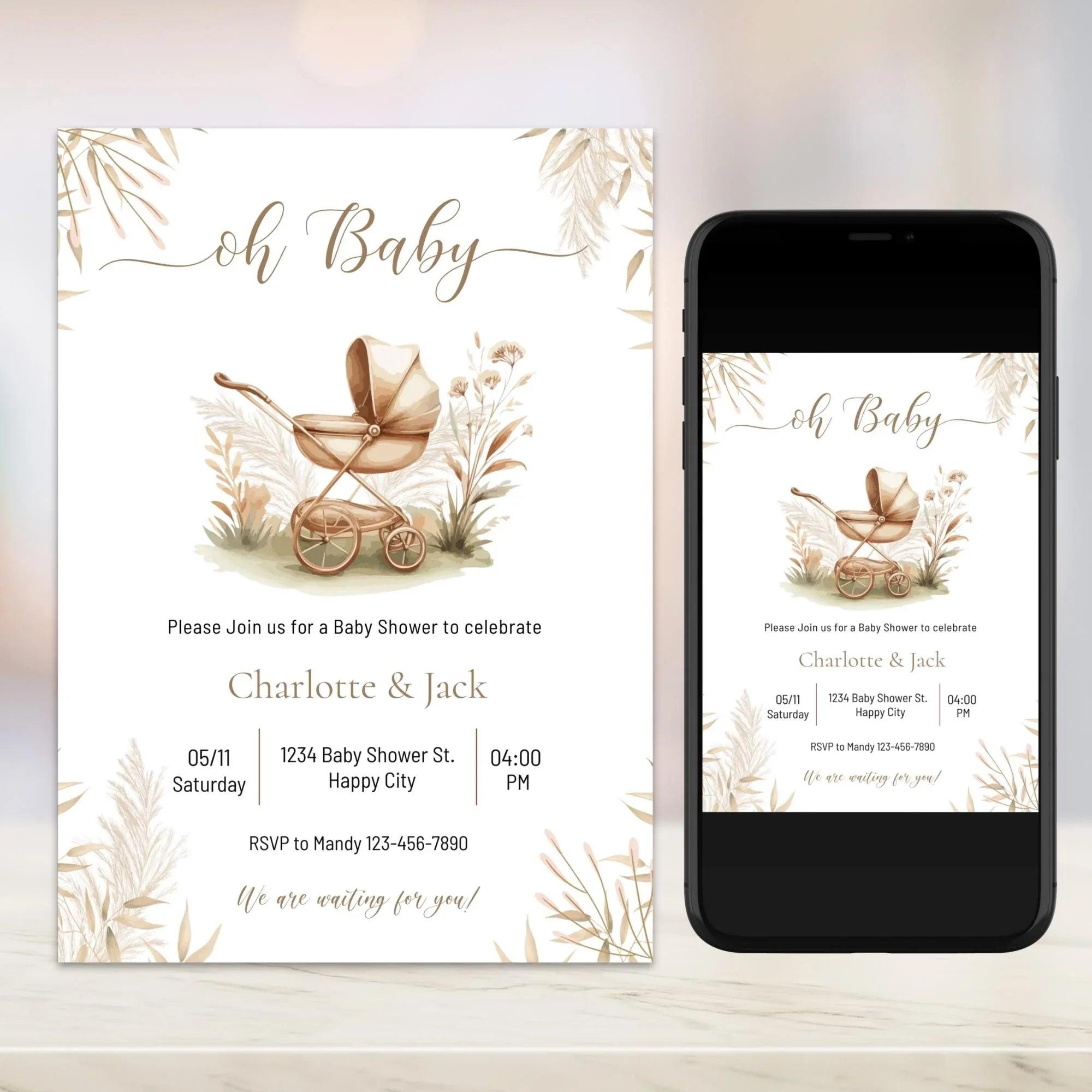 Boho Baby Shower Invitation – Neutral Gender | Editable in Corjl | Vintage Pram Theme | Instant Download Digital Invite - Lovely Printable Party