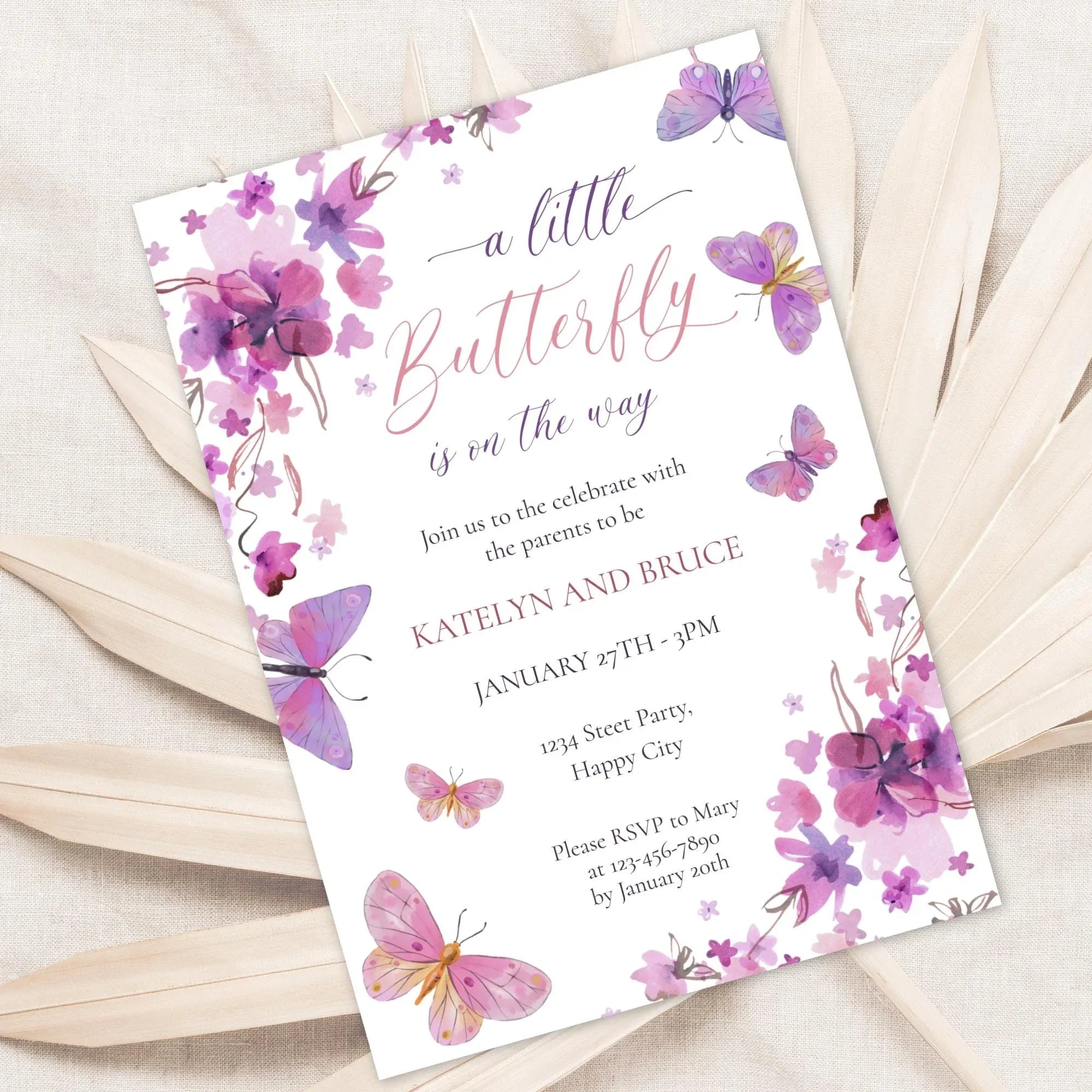 Butterfly Baby Shower Invitation - Pink Purple Corjl Template - Lovely Party