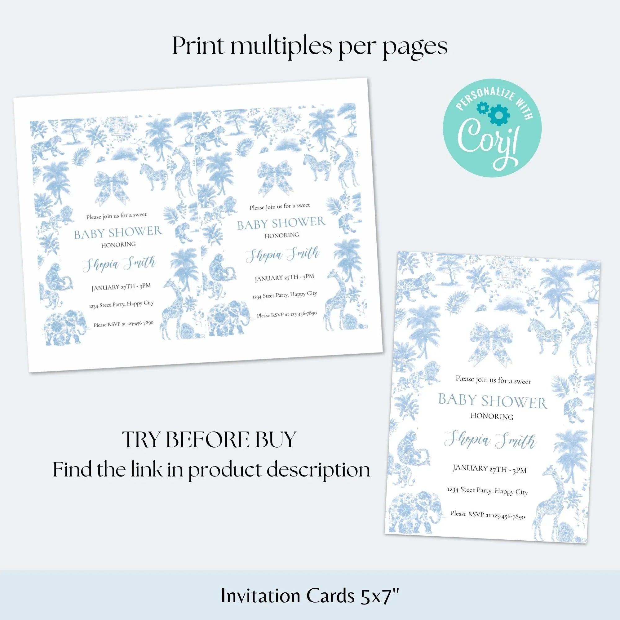 Safari Toile Baby Shower Invitation | Blue Jungle Editable Template | Corjl Digital Download for Boy Baby Shower - Lovely Printable Party
