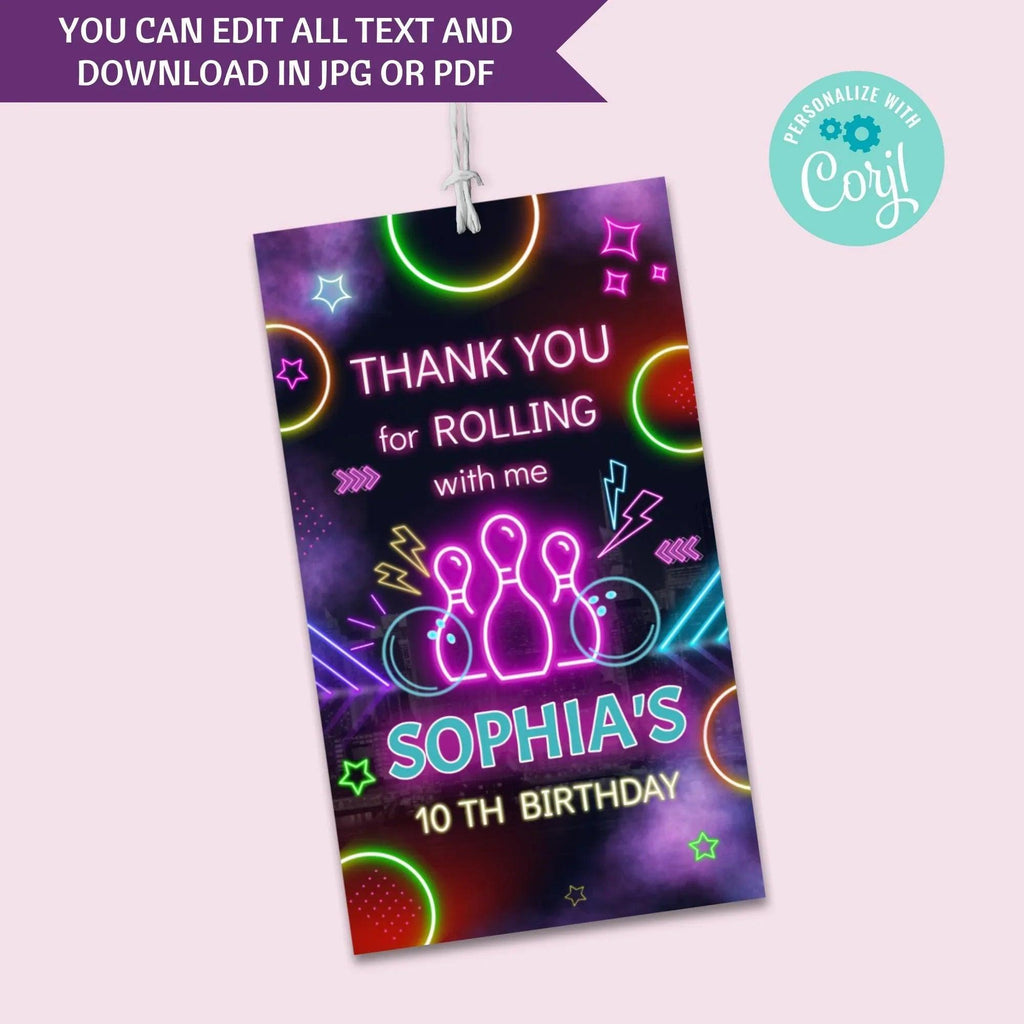 Personalized Neon Bowling Party Invitation and Tag Template, Digital Download for Kids' Birthday or Bowling-Themed Event - Lovely Printable Party