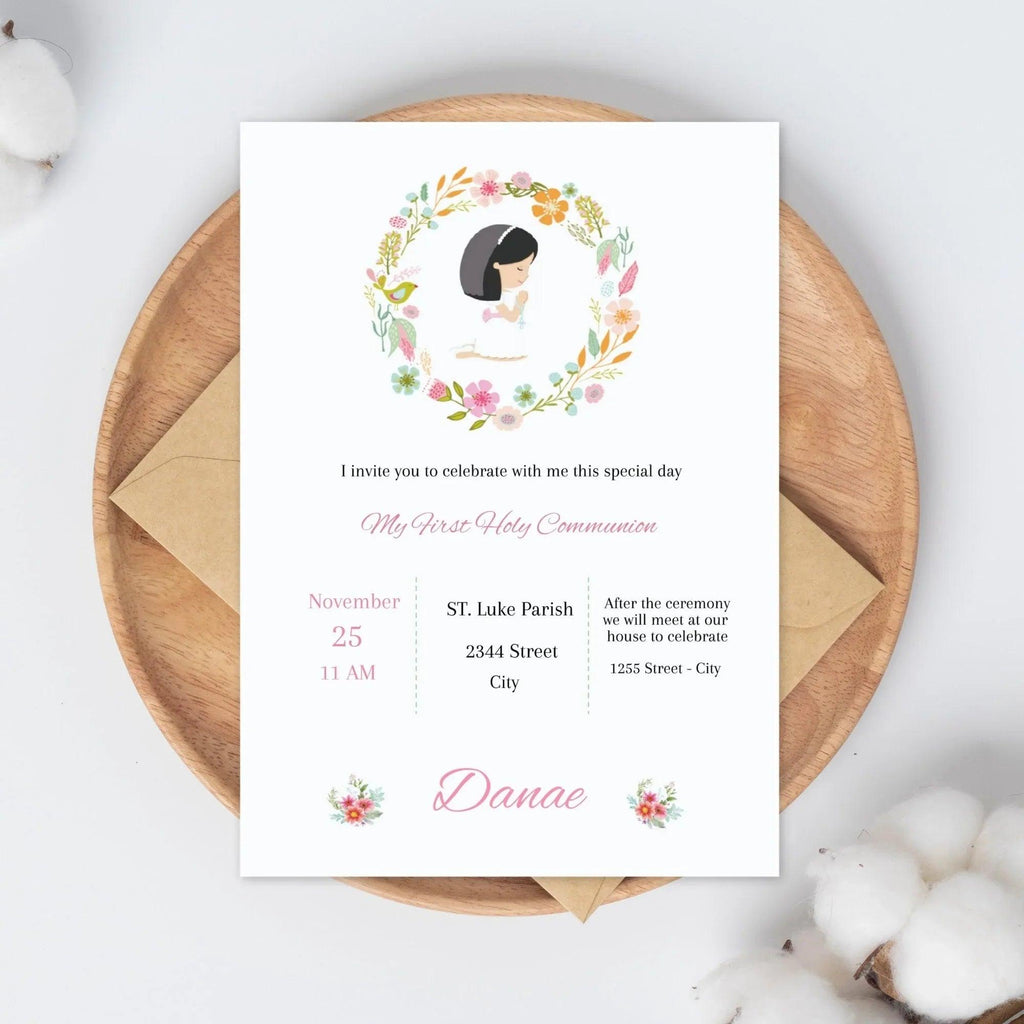 First Holy Communion Invitation Template, Communion Invite, Editable First Communion Invitation, Girl Communion Invite - Lovely Printable Party