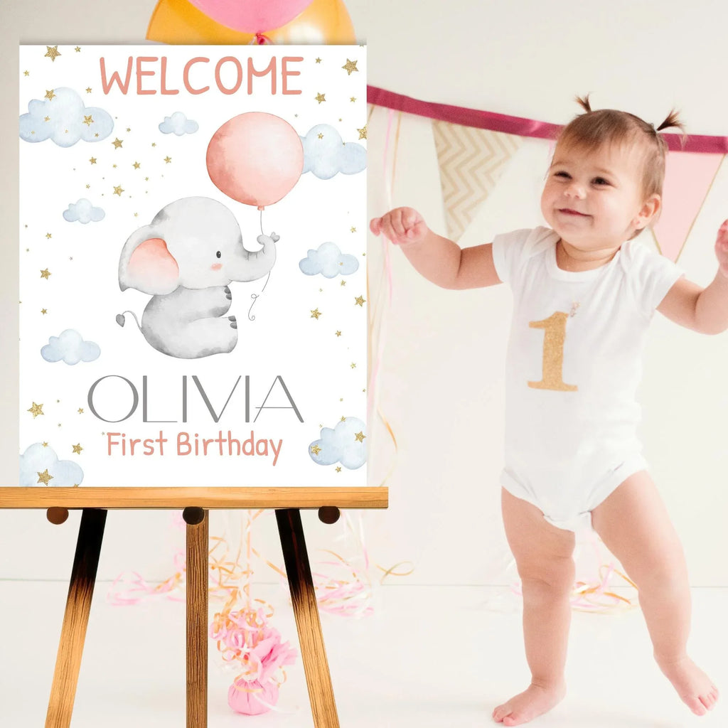 Baby Elephant Birthday Welcome Sign - Editable Corjl Template - Lovely Party