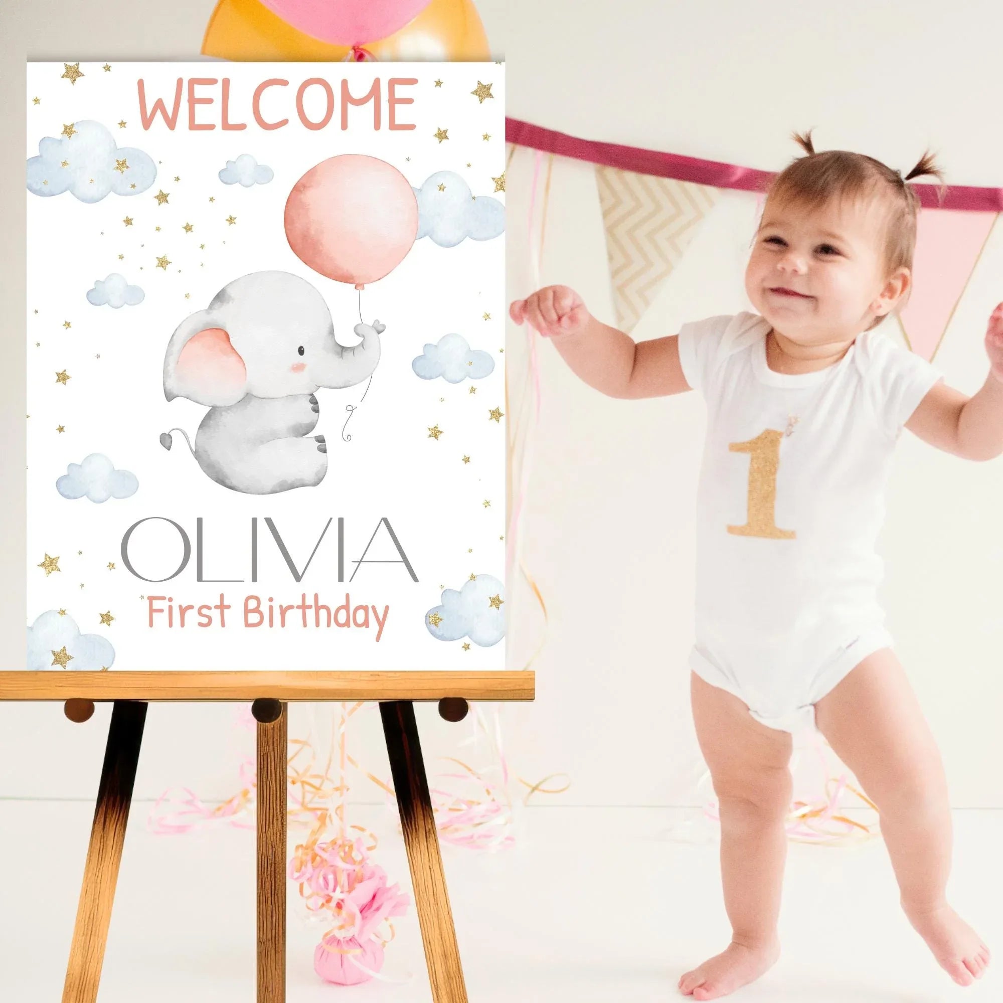 Baby Elephant Birthday Welcome Sign - Editable Corjl Template - Lovely Party