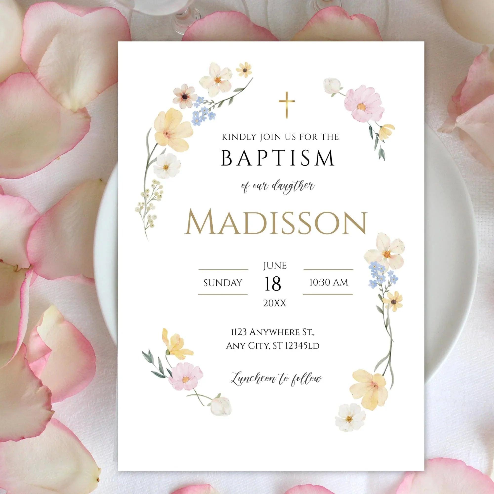 Wildflower Baptism Invitation Template – Digital Download for Baby Girl Christening – Editable Floral Printable with Gold Accents - Lovely Printable Party