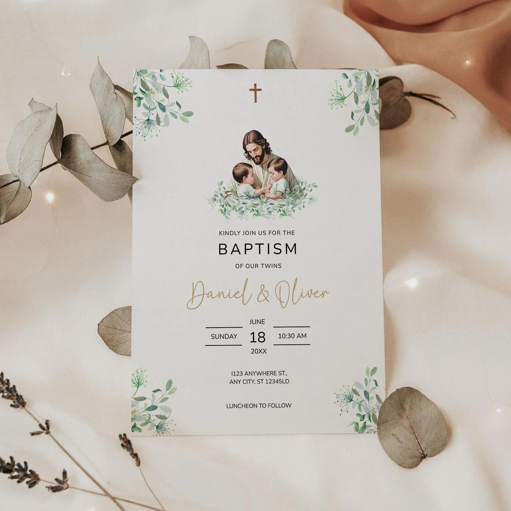 Editable Baptism Invitation • Twins Baby Boys • Corjl Template • Christening Invitation with Jesus and Greenery - Lovely Printable Party