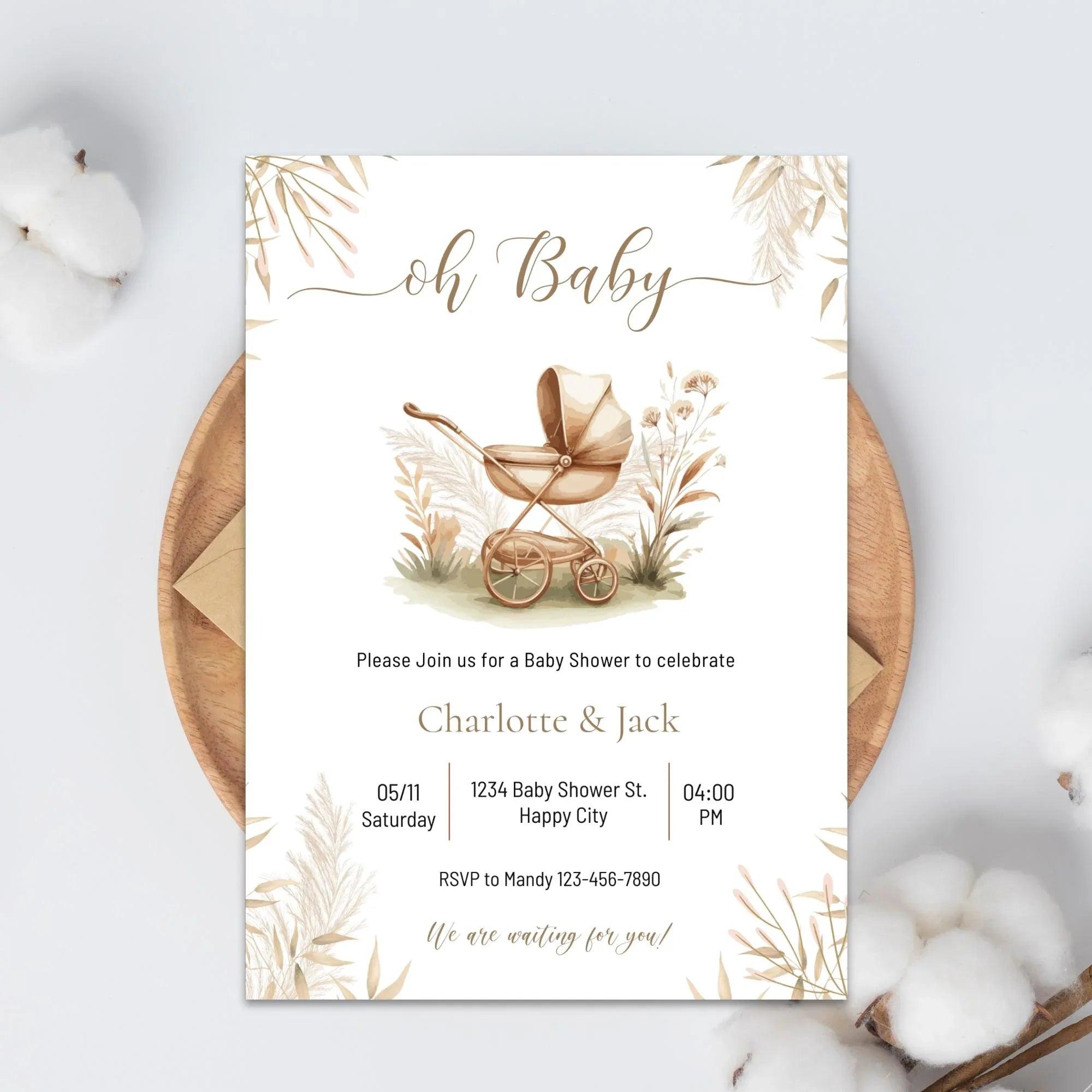 Boho Baby Shower Invitation – Neutral Gender | Editable in Corjl | Vintage Pram Theme | Instant Download Digital Invite - Lovely Printable Party