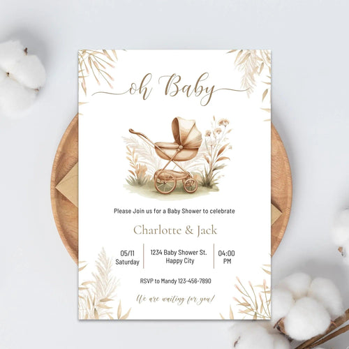Boho Baby Shower Invitation – Neutral Gender | Editable in Corjl | Vintage Pram Theme | Instant Download Digital Invite - Lovely Printable Party