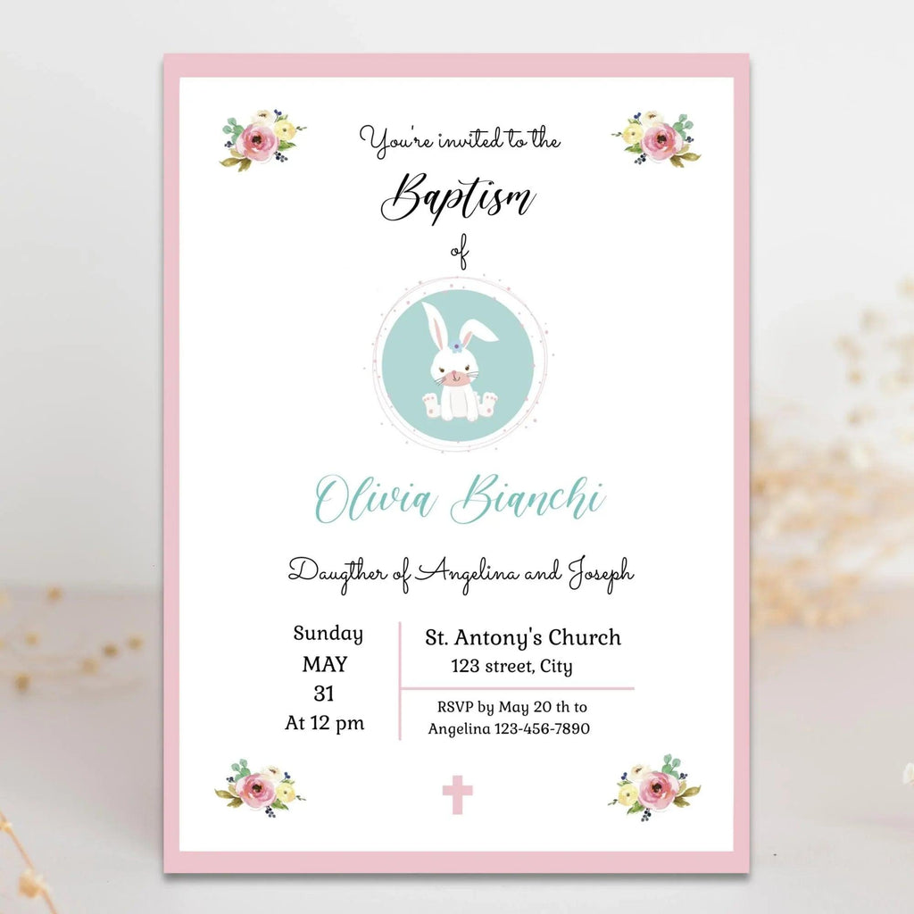 Girl Baptism Invitation – Pink Floral Bunny Theme – Corjl Template – Printable Christening Card - Lovely Printable Party