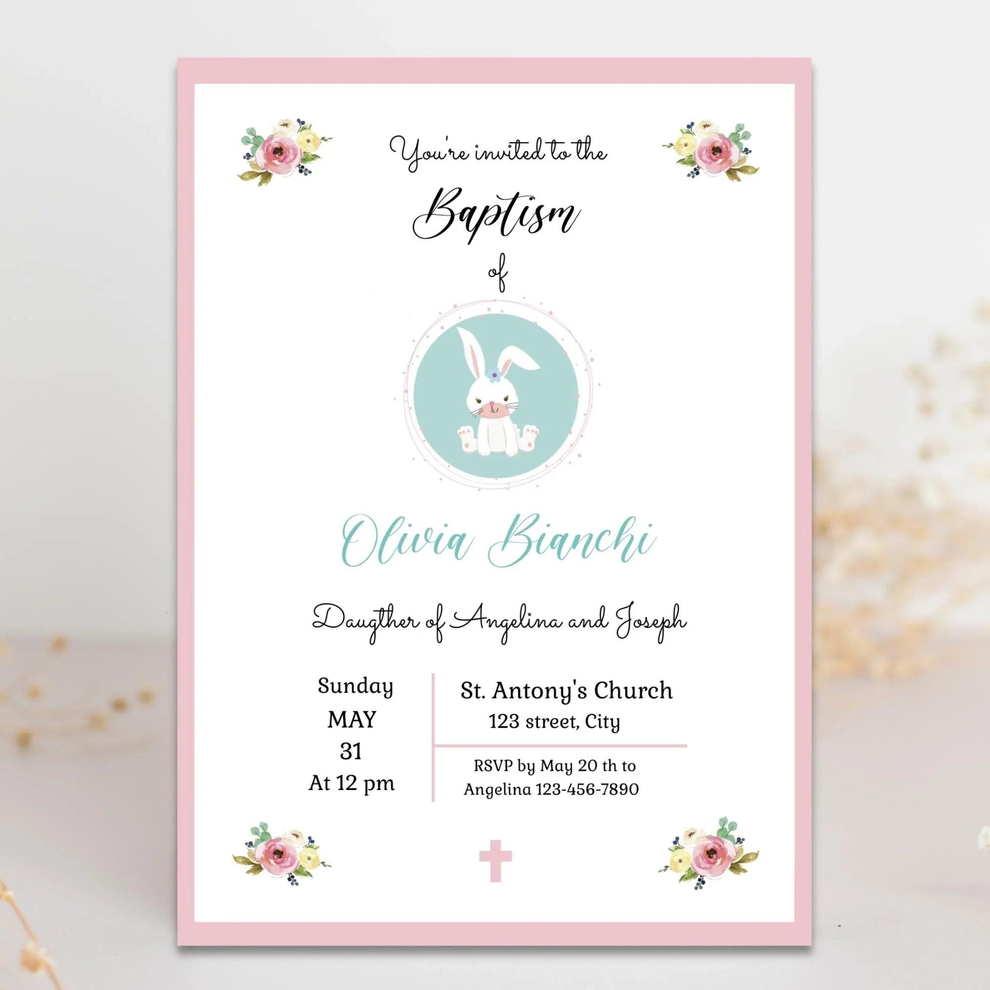 Girl Baptism Invitation – Pink Floral Bunny Theme – Corjl Template – Printable Christening Card - Lovely Printable Party