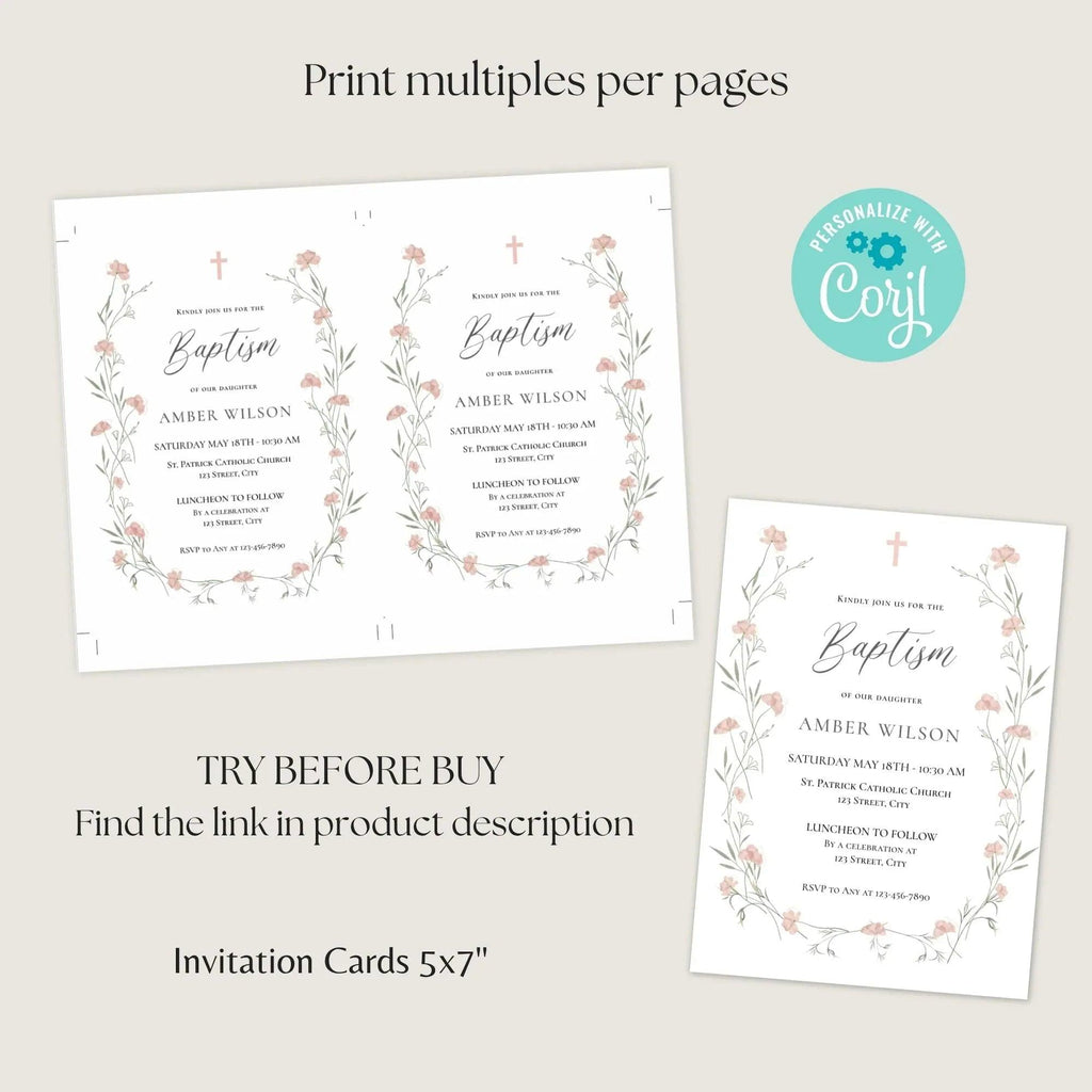 Baptism Invitation Girl Editable – Pink Floral Corjl Template – Wildflowers Christening Invite – Printable Digital File - Lovely Printable Party