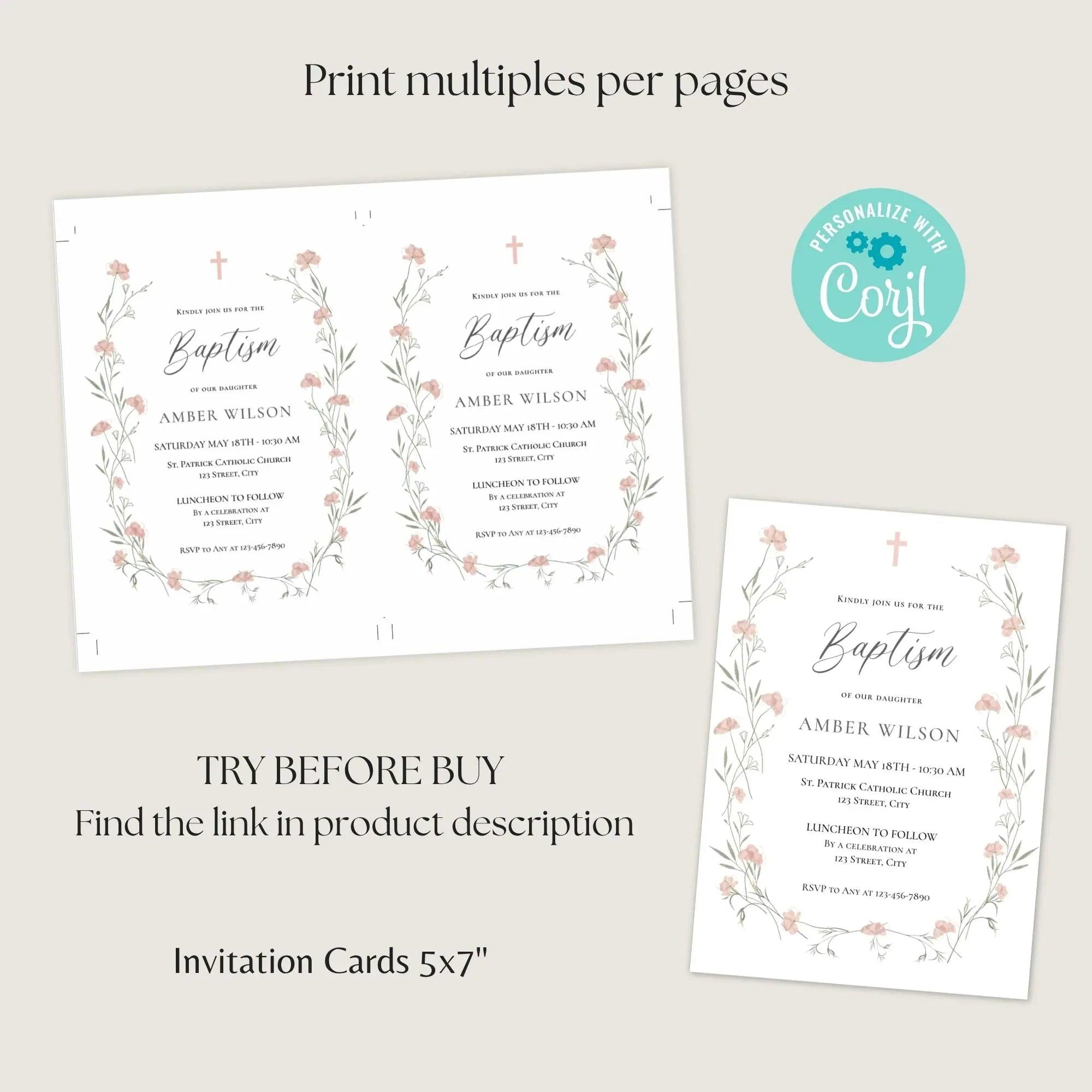 Baptism Invitation Girl Editable – Pink Floral Corjl Template – Wildflowers Christening Invite – Printable Digital File - Lovely Printable Party