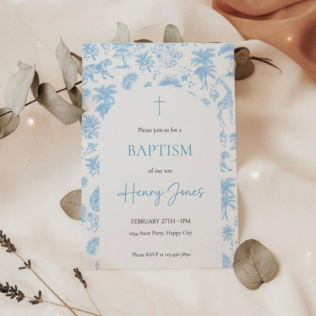 Boy Baptism Invitation Safari Toile | Blue Jungle Editable Corjl Template | Digital Christening Invite - Lovely Printable Party