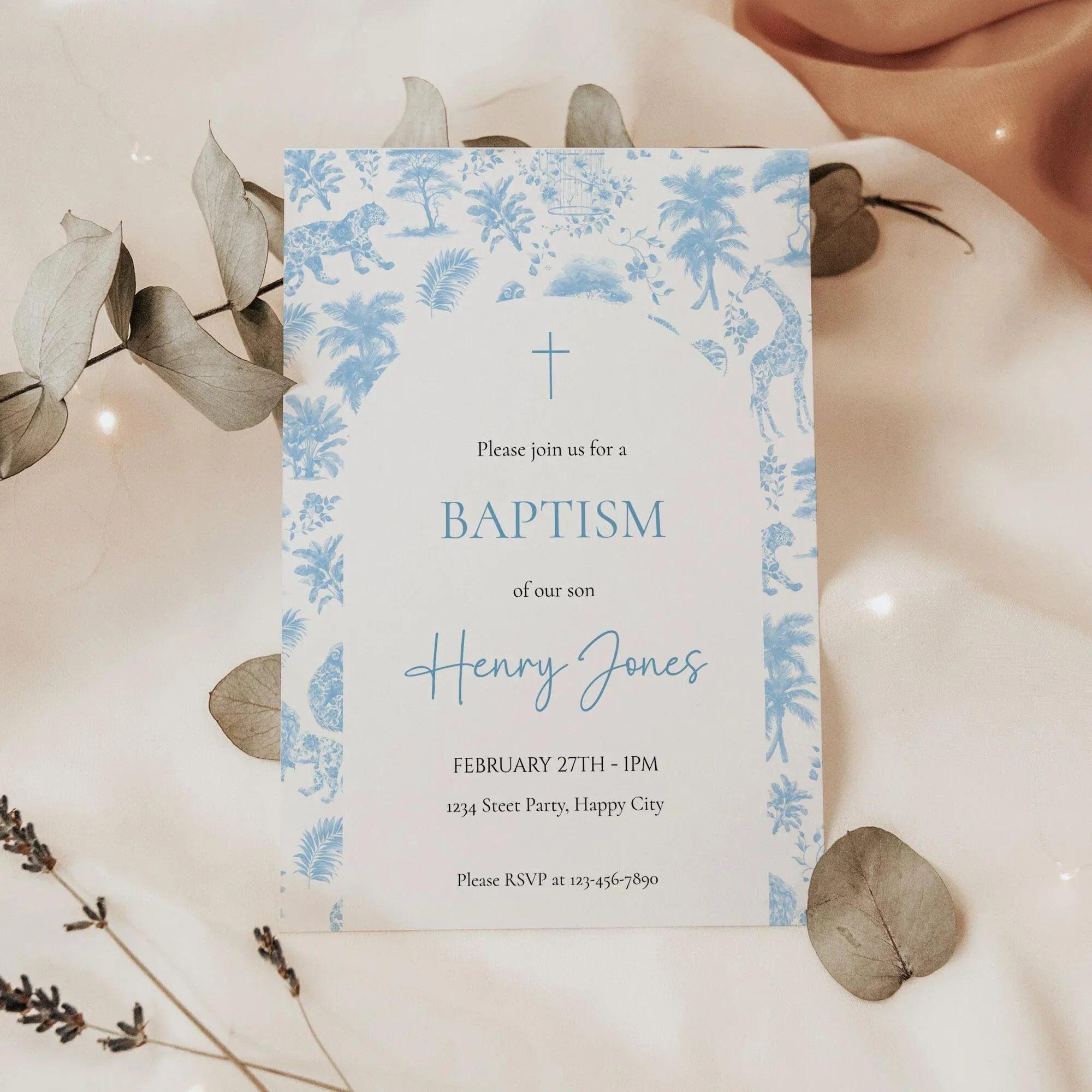 Boy Baptism Invitation Safari Toile | Blue Jungle Editable Corjl Template | Digital Christening Invite - Lovely Printable Party