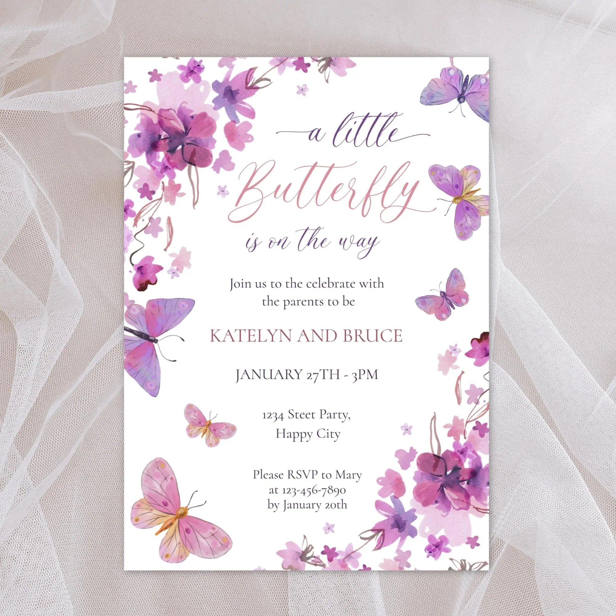 Butterfly Baby Shower Invitation - Pink Purple Corjl Template - Lovely Party