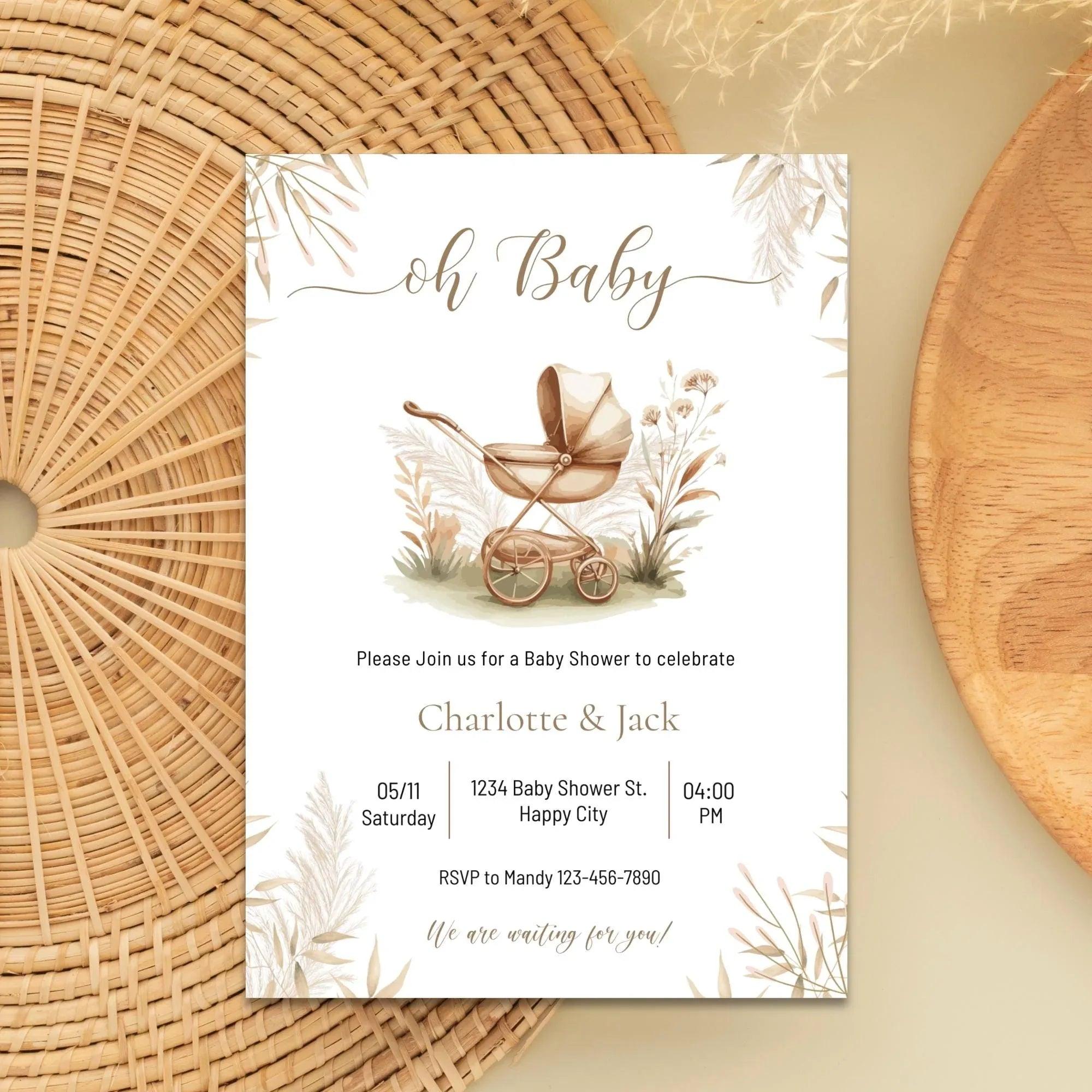 Boho Baby Shower Invitation – Neutral Gender | Editable in Corjl | Vintage Pram Theme | Instant Download Digital Invite - Lovely Printable Party