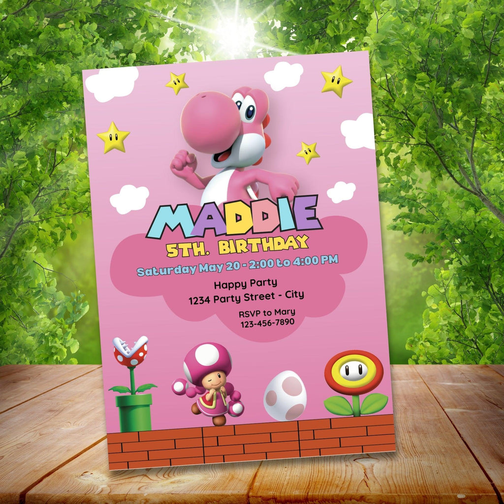 Yoshi Birthday Invitation | Pink Yoshi Girl | Editable Canva Template | Instant Download