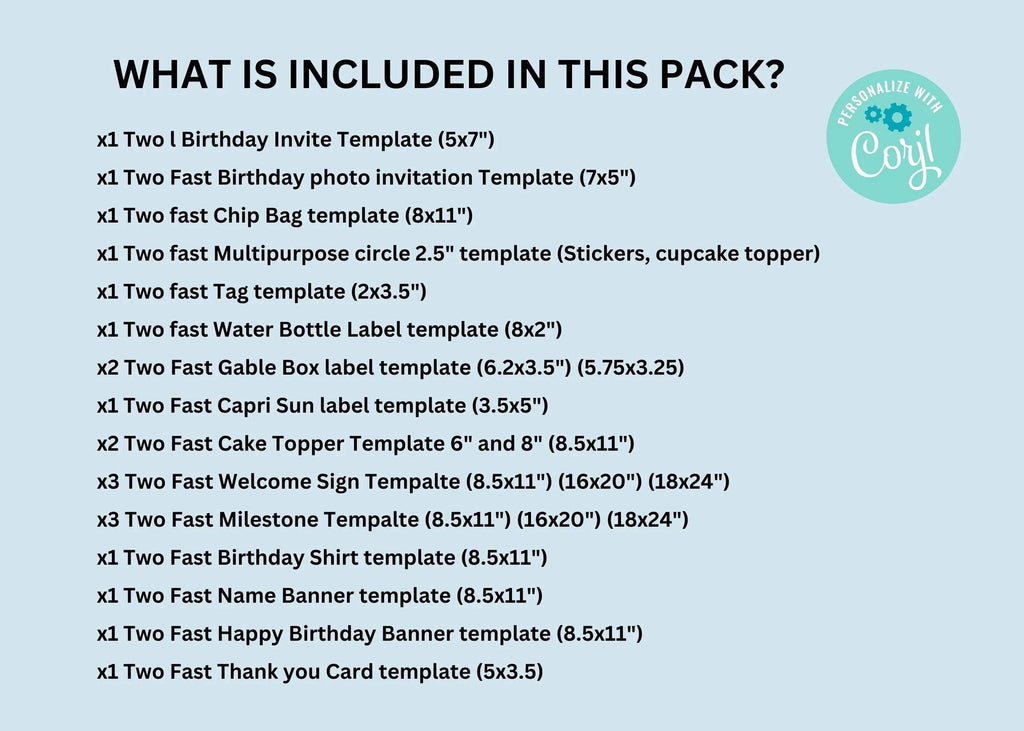 Race Car Party Printable Decorations & Invitation Template Bundle - Two Fast / Fast One Birthday Theme - INSTANT DOWNLOAD - EDITABLE Text - Lovely Printable Party
