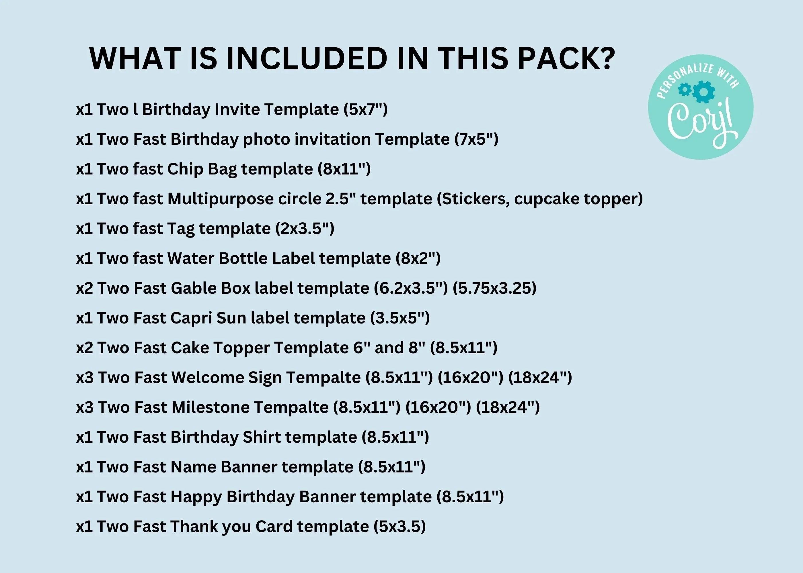 Race Car Party Printable Decorations & Invitation Template Bundle - Two Fast / Fast One Birthday Theme - INSTANT DOWNLOAD - EDITABLE Text - Lovely Printable Party