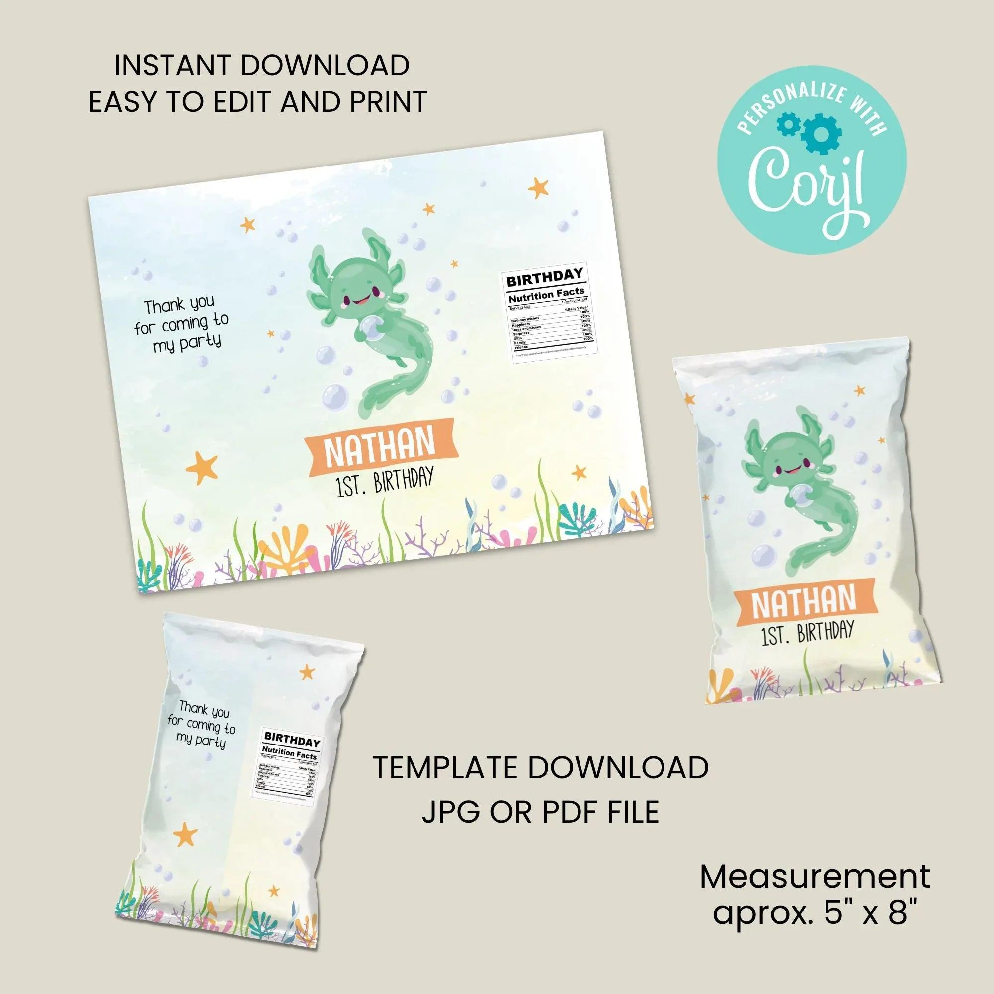 Axolotl Chip Bags - Instant Download Digital template - Lovely Printable Party