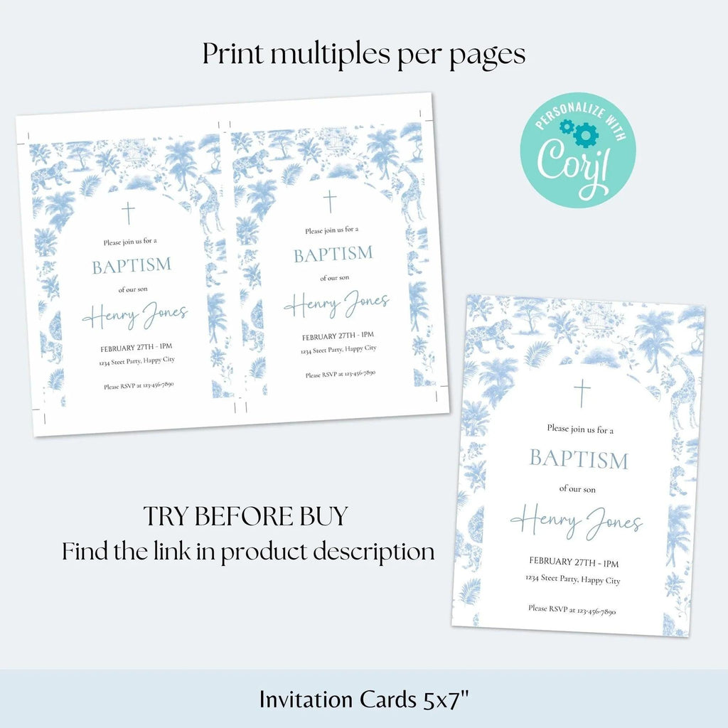 Boy Baptism Invitation Safari Toile | Blue Jungle Editable Corjl Template | Digital Christening Invite - Lovely Printable Party