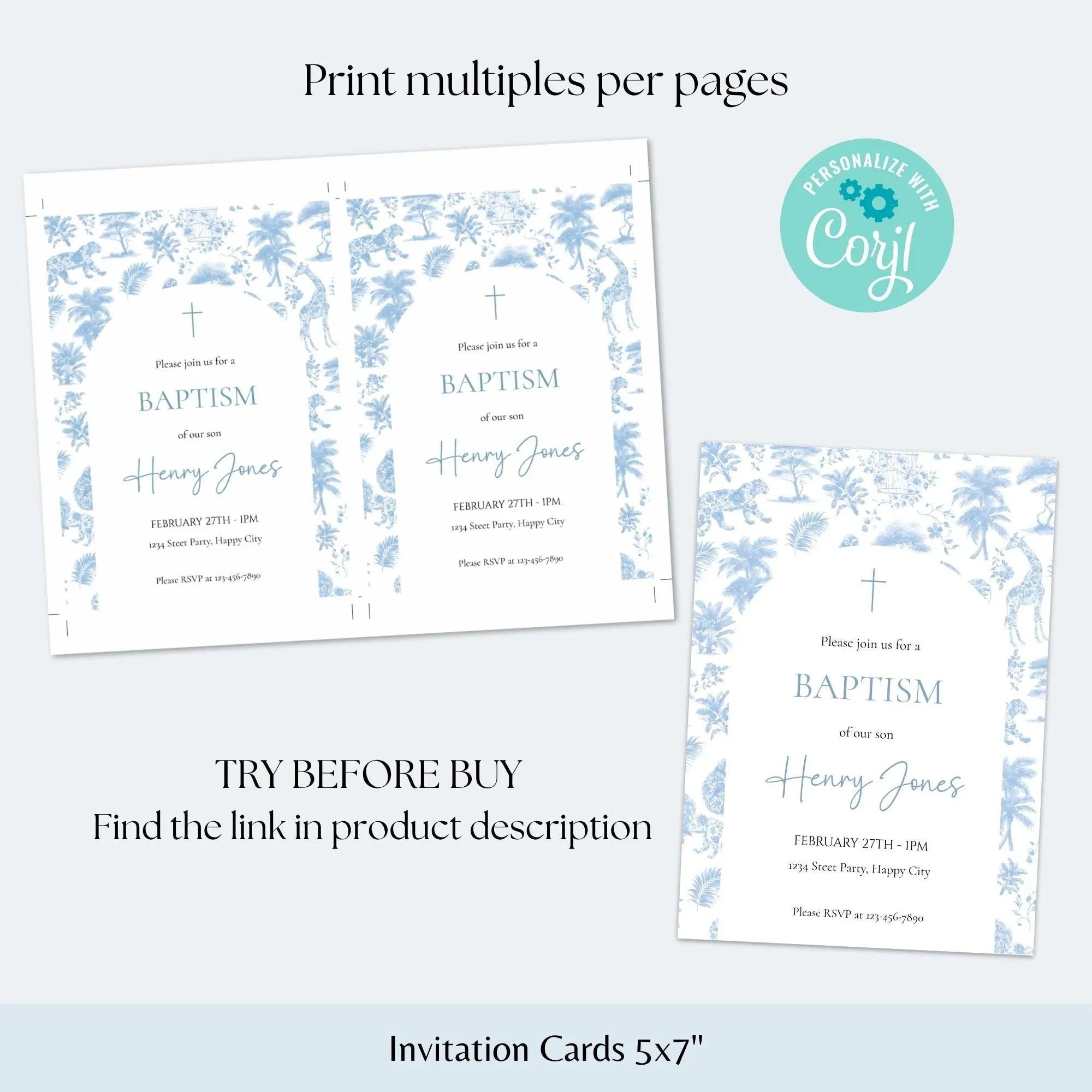 Boy Baptism Invitation Safari Toile | Blue Jungle Editable Corjl Template | Digital Christening Invite - Lovely Printable Party