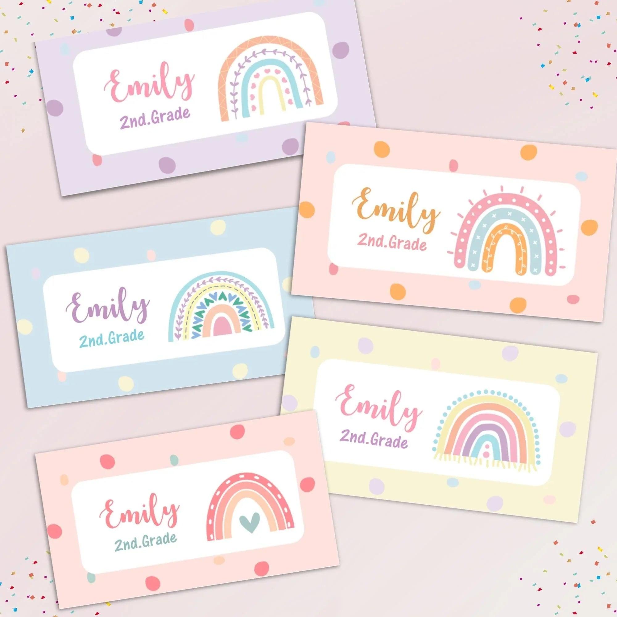 Rainbow Printables Labels, Preschool labels, Personalized kids labels, Kids Name Labels, School supplies stickers, School Name labels - Lovely Printable Party