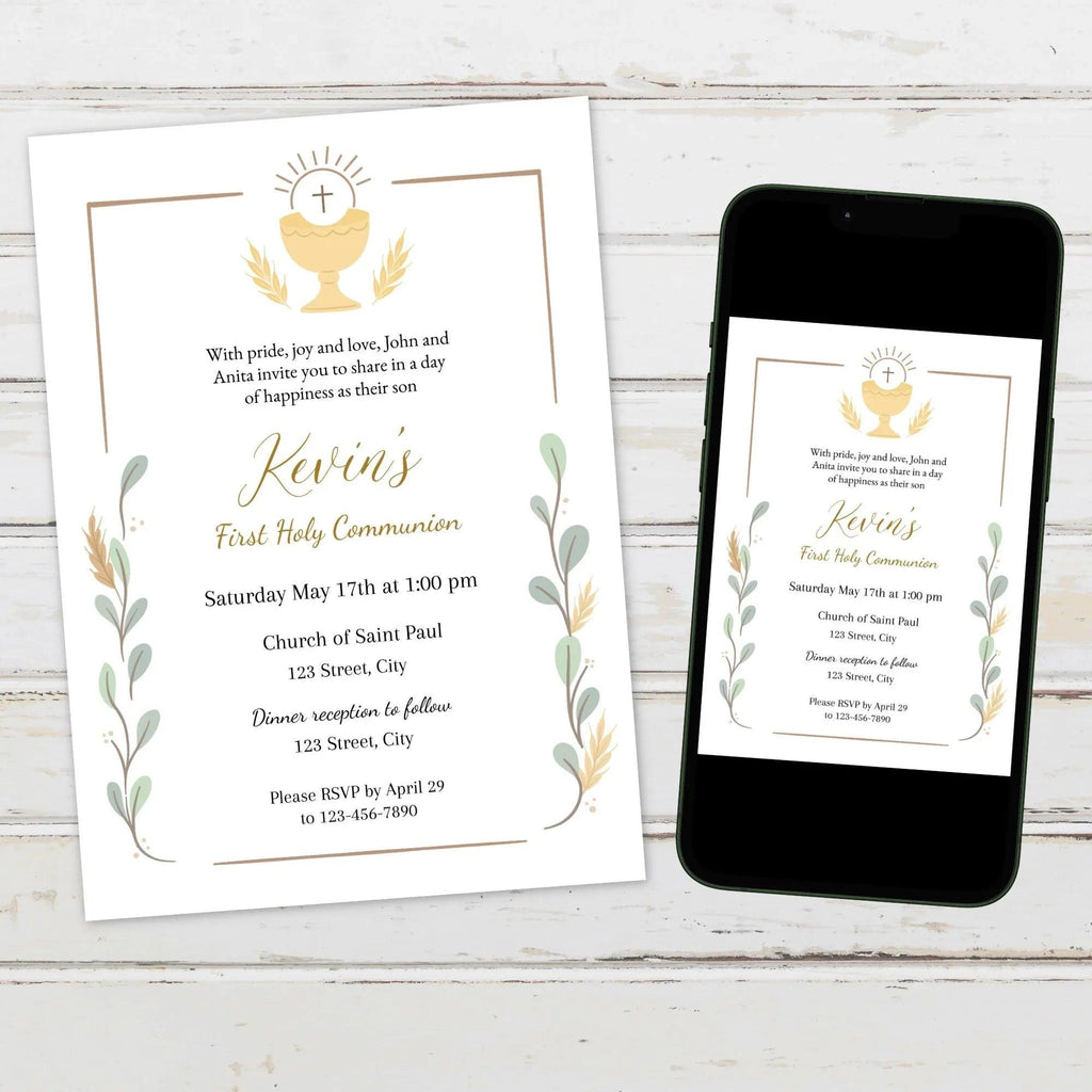 First Holy Communion, Invitation Template, Elegant Communion Invite, Editable First Communion Invitation Boy, Instant Download - Lovely Printable Party