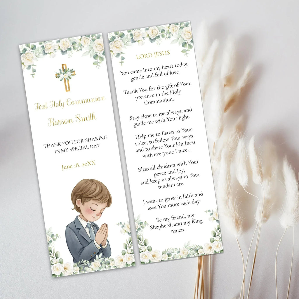 White and green Flowers First Communion Bookmark - Lovely Party