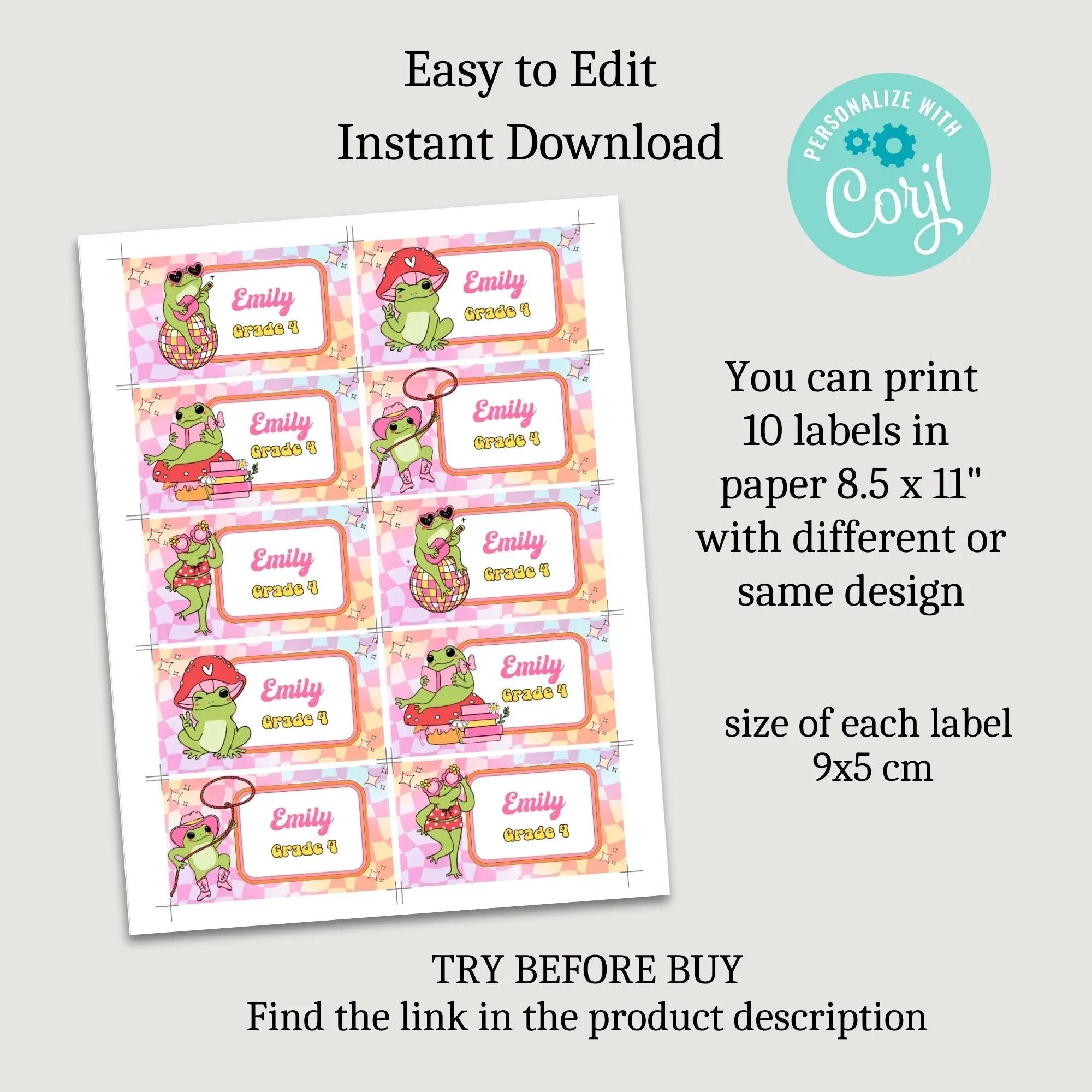 Retro Frog Stickers, Classroom Printables, School name labels, Classroom Labels, School supply labels, Editable Labels - Lovely Printable Party