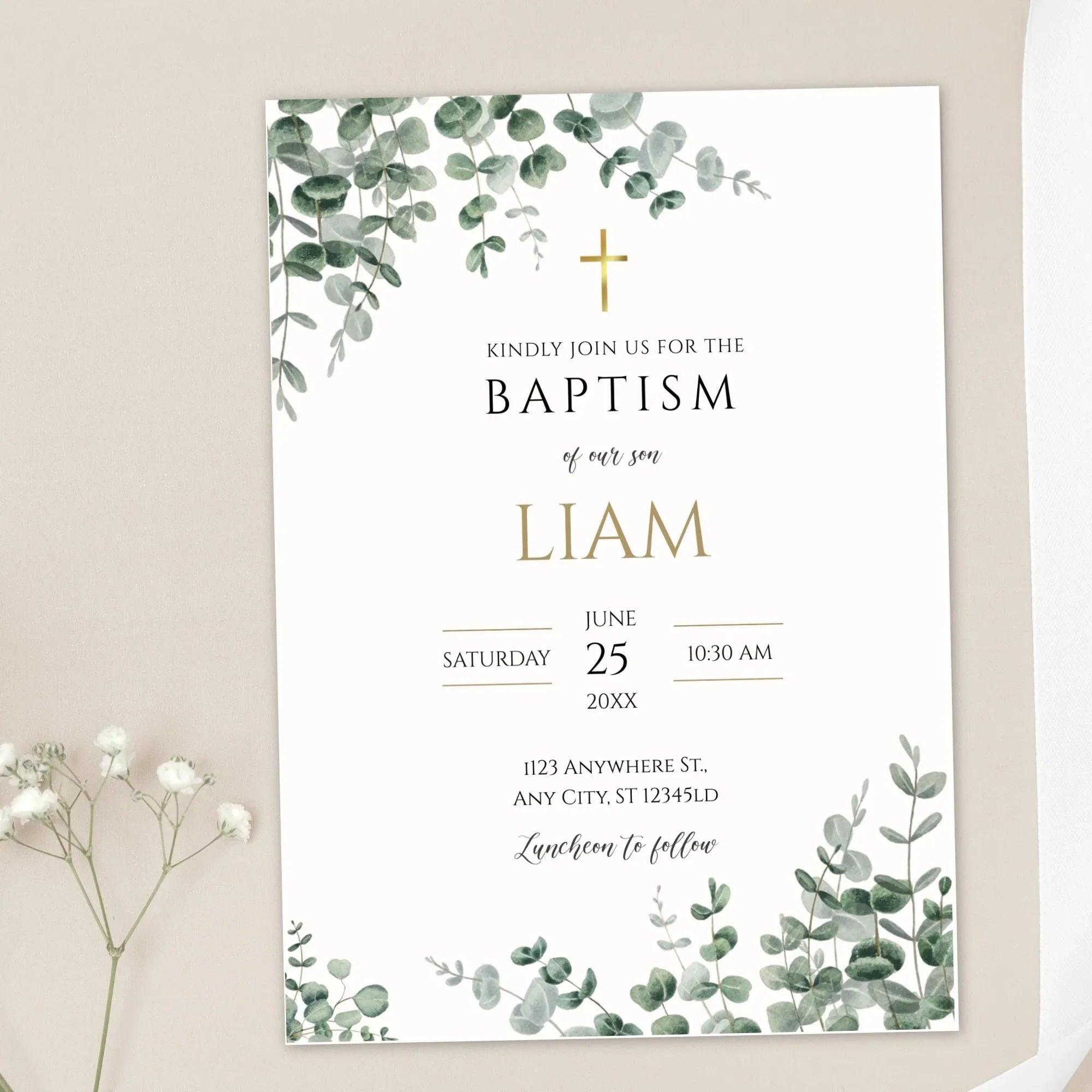 Greenery Baptism Invitation Boy – Corjl Editable Template – Eucalyptus Digital Invite Download - Lovely Printable Party