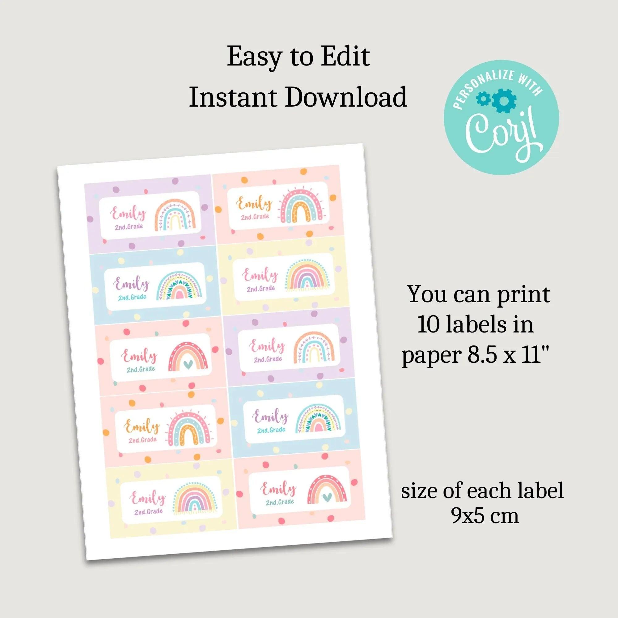Rainbow Printables Labels, Preschool labels, Personalized kids labels, Kids Name Labels, School supplies stickers, School Name labels - Lovely Printable Party