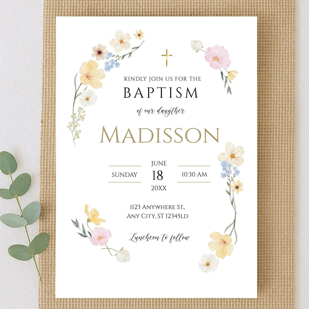 Wildflower Baptism Invitation Template – Digital Download for Baby Girl Christening – Editable Floral Printable with Gold Accents - Lovely Printable Party