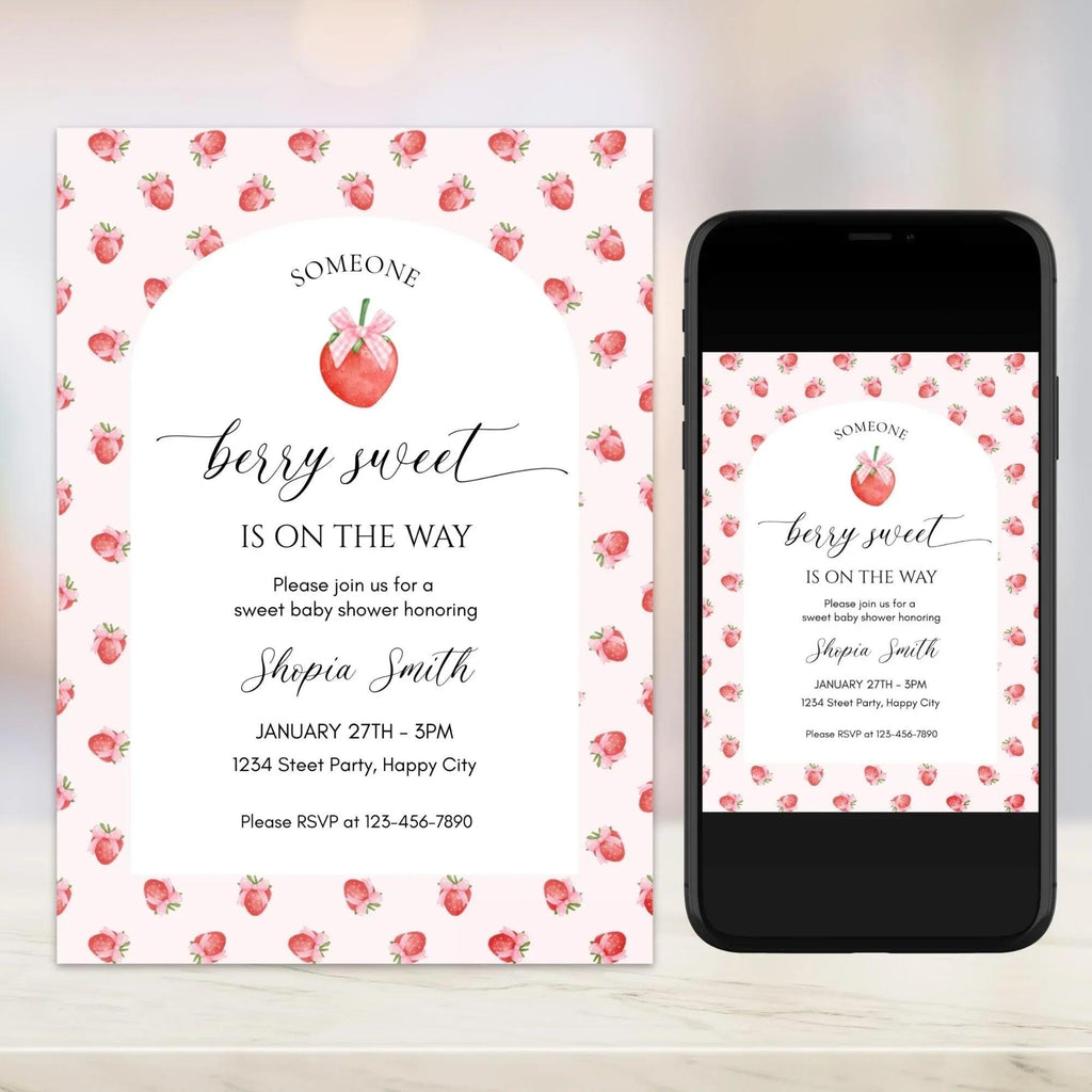 Strawberry Baby Shower Invitation Template, Berry Sweet Baby on the Way Invite, Berry Sweet Invitation, Printable Invite, Shower Evite - Lovely Printable Party