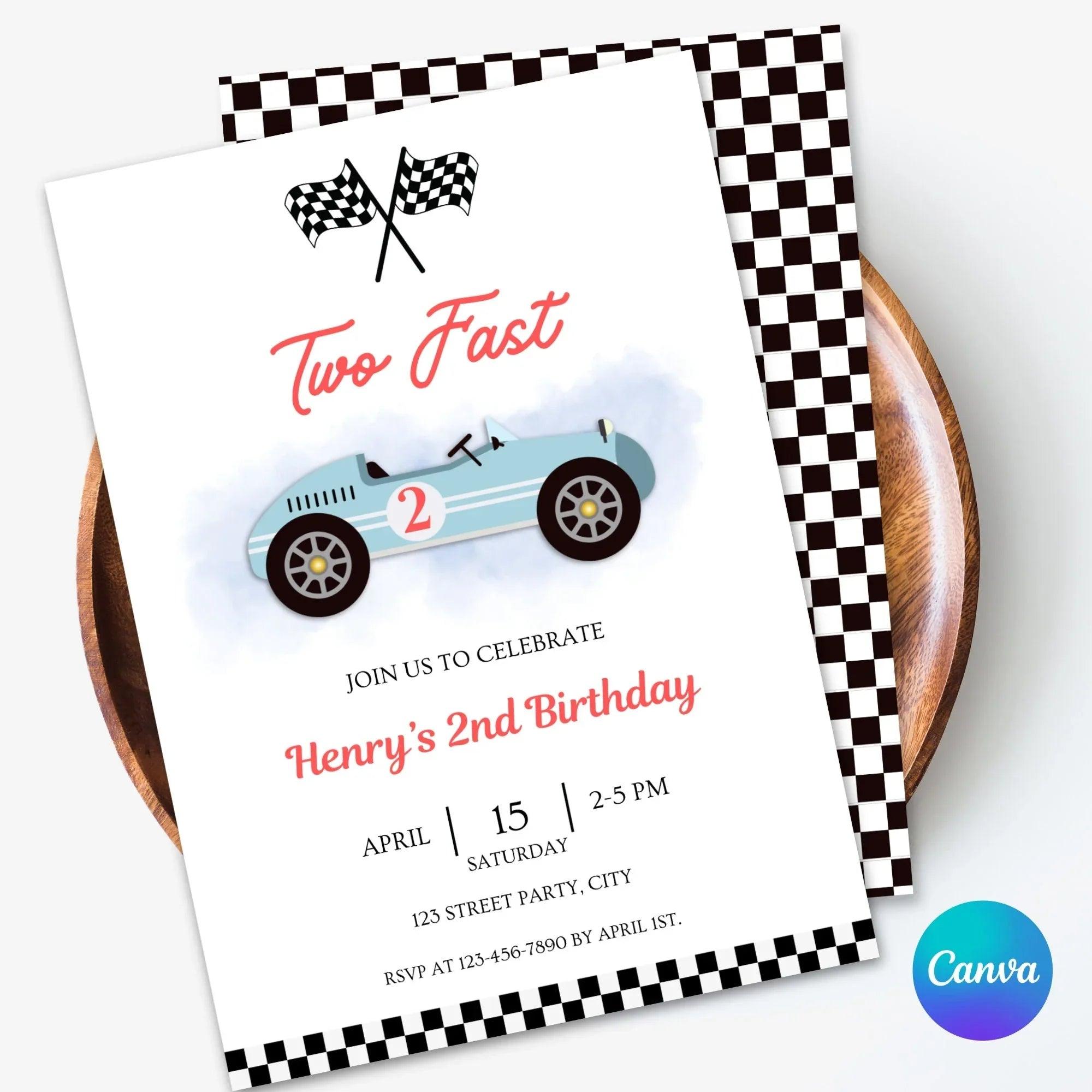 Editable Vintage Race 2nd Birthday Invitation – Retro Car Theme – Canva Template – Instant Download - Lovely Printable Party