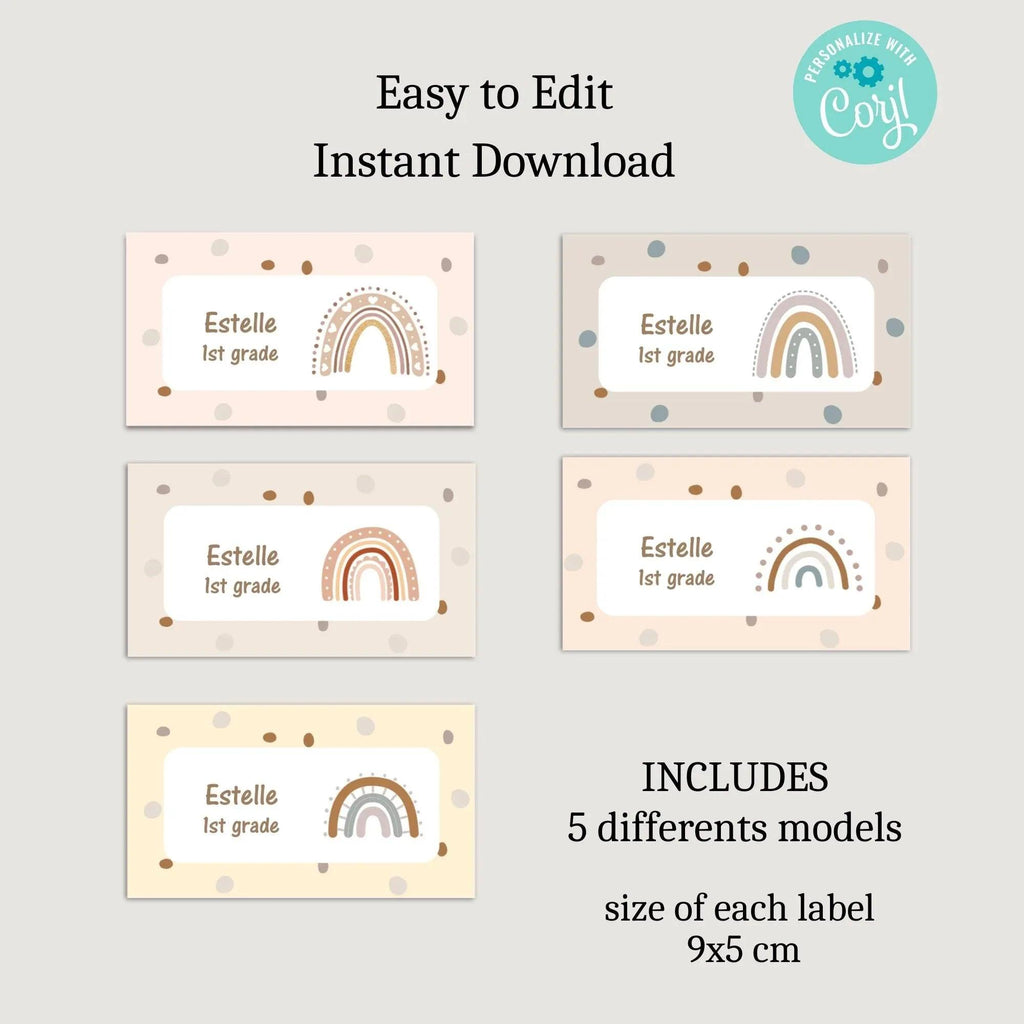 Rainbow School Labels Instant Download Digital Template - Lovely Printable Party