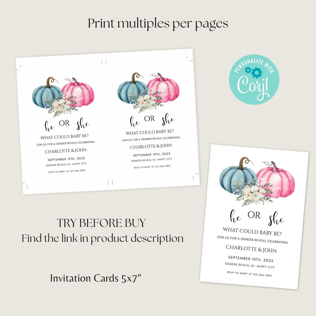 He or She Pumpkin Gender Reveal Invitation – Fall Baby Shower – Editable Template – Corjl Digital Download - Lovely Printable Party