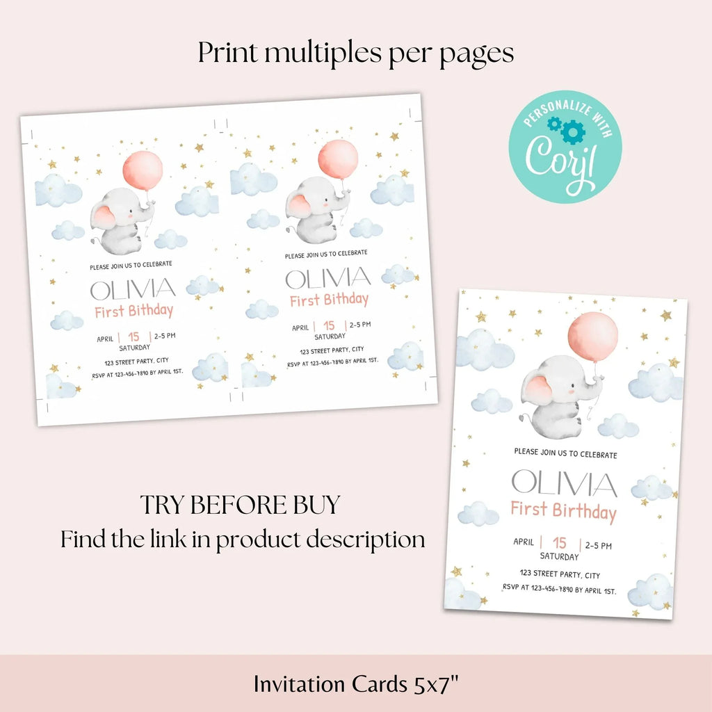 Baby Elephant 1st Birthday Invitation - Editable Corjl Template - Lovely Party