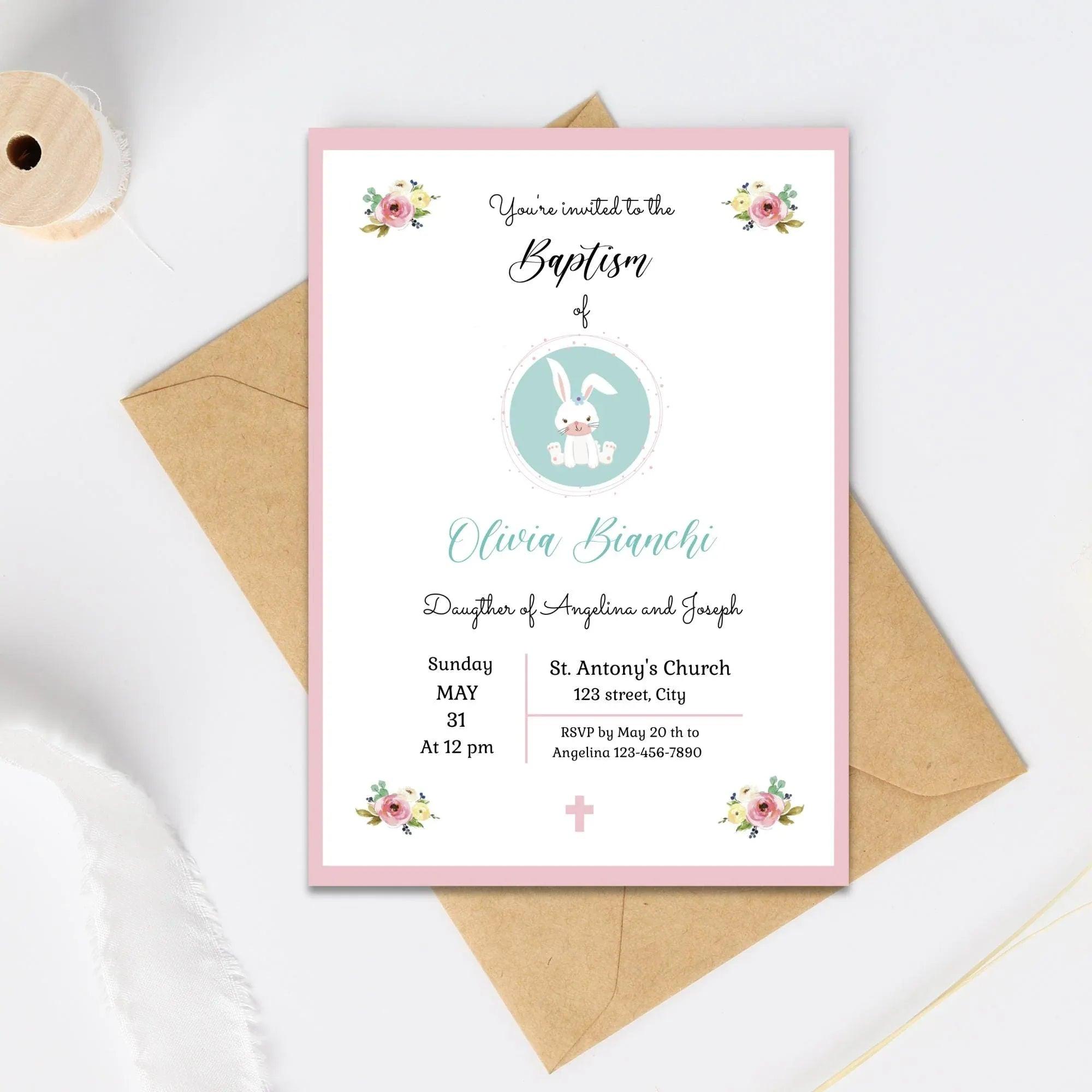 Girl Baptism Invitation – Pink Floral Bunny Theme – Corjl Template – Printable Christening Card - Lovely Printable Party